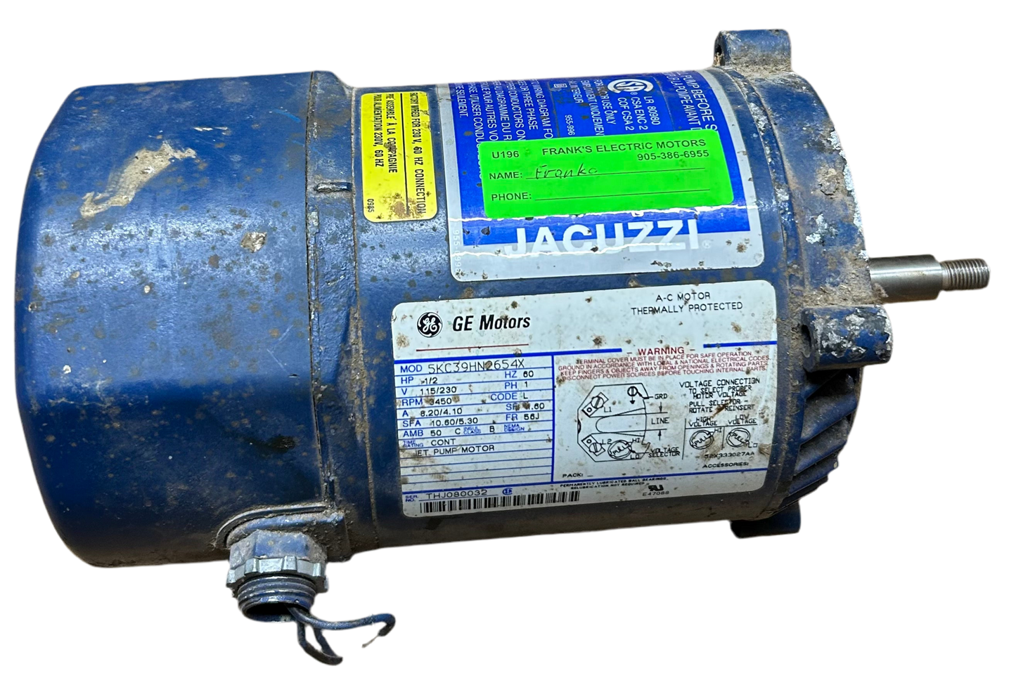 U196 - 1/2 HP 3450RPM 115/230V GE Motor ODP Pump Motor