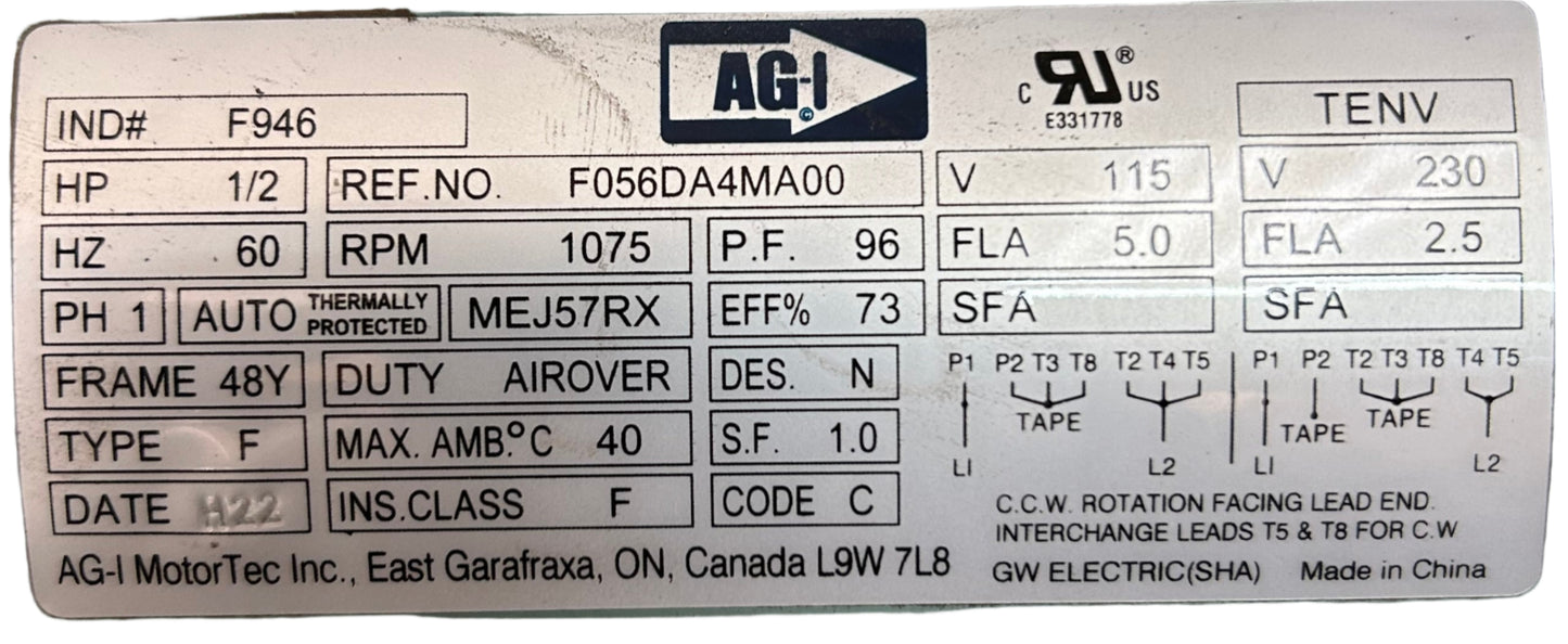 F946 - 1/2 HP 1075RPM 115230V AG-I TENV