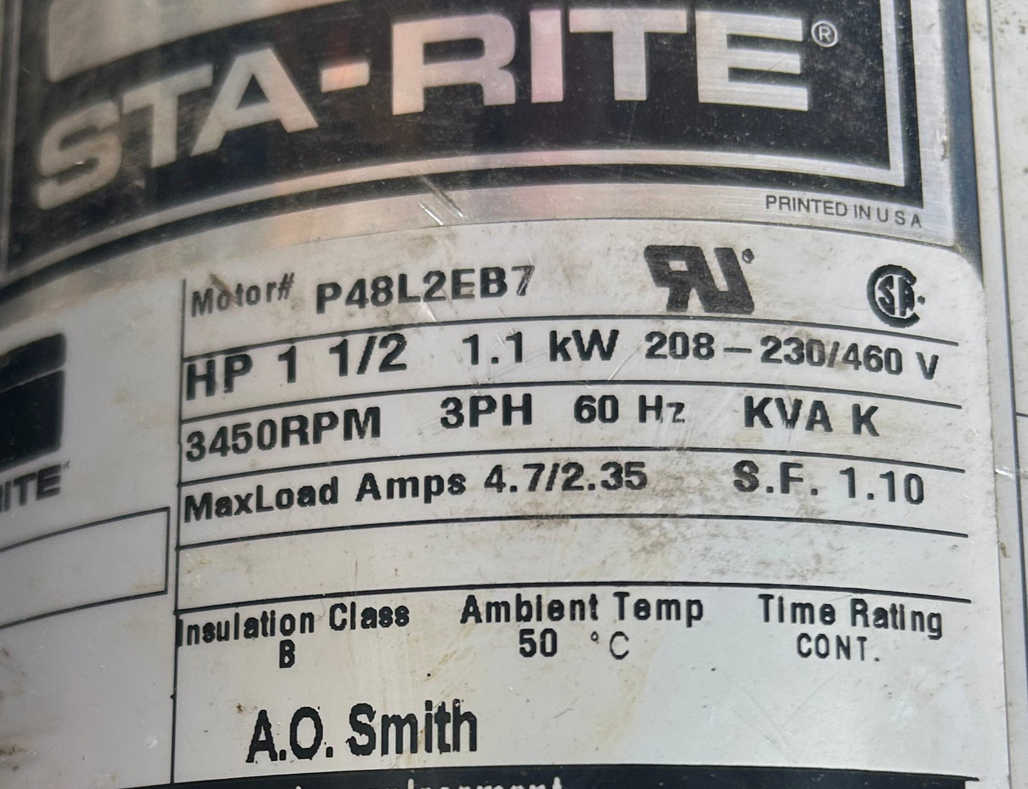 U___ - 1-1/2 HP 3450RPM 208-230/460V Sta-Rite DP