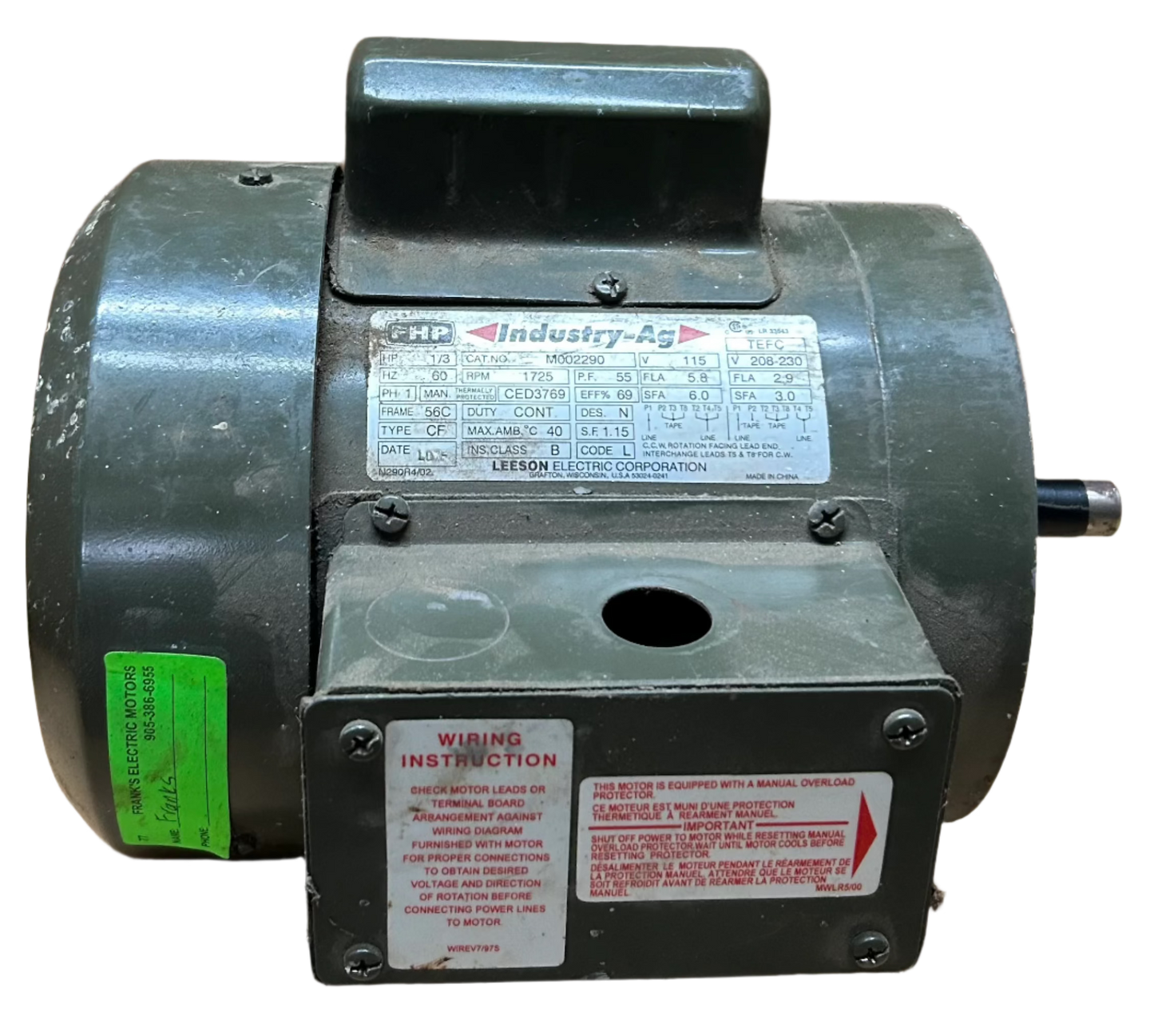U77 - 1/3 HP 1725RPM 115/208-230V Leeson TEFC