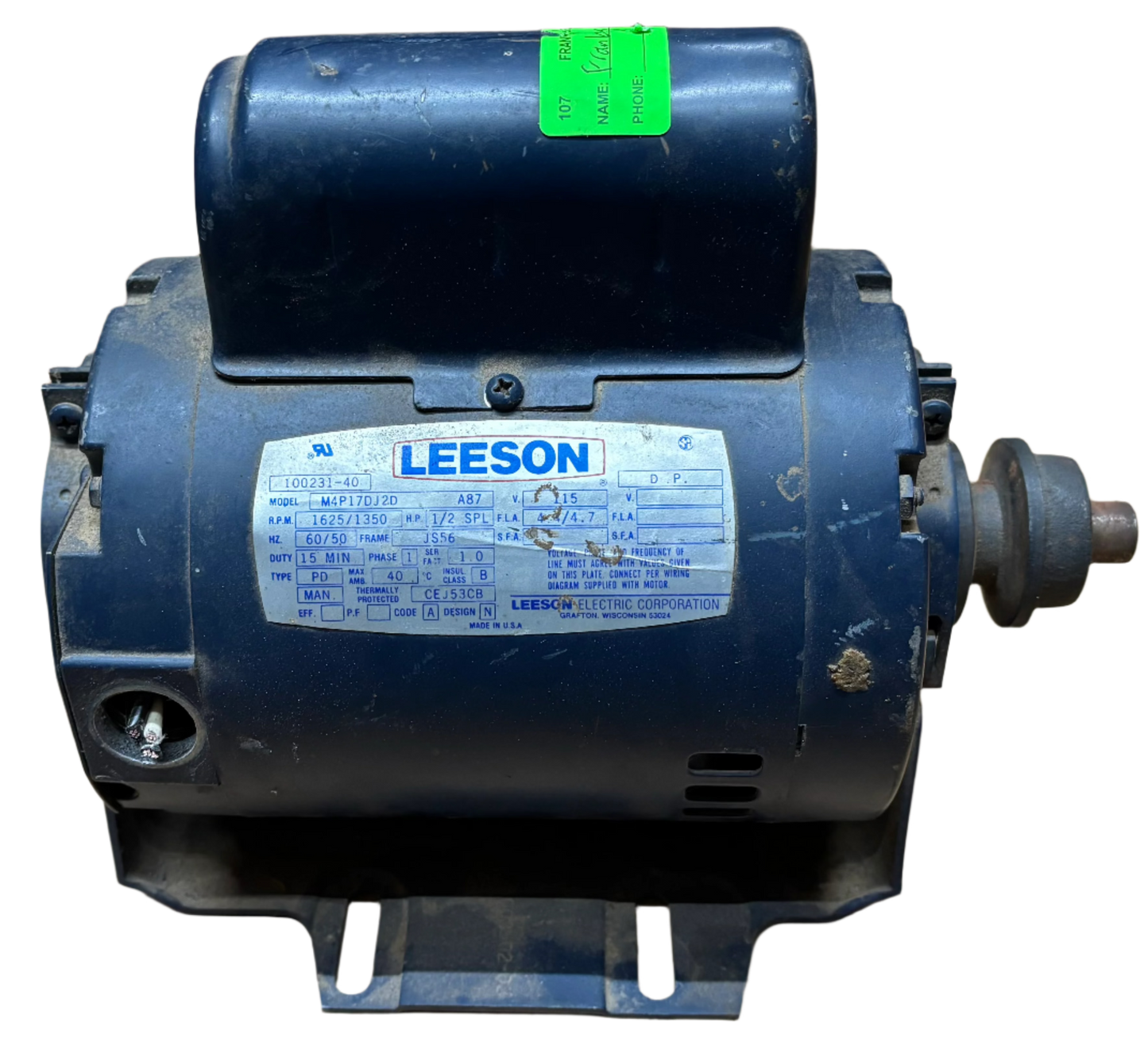 U107 - 1/2 HP 1625/1350RPM 115V Leeson ODP