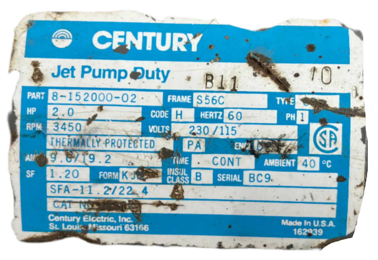 U184 - 2 HP 3450RPM 230/115V Century ODP