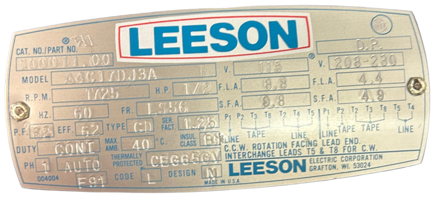 U272 - 1/2 HP 1725RPM 115/208-230V Leeson DP