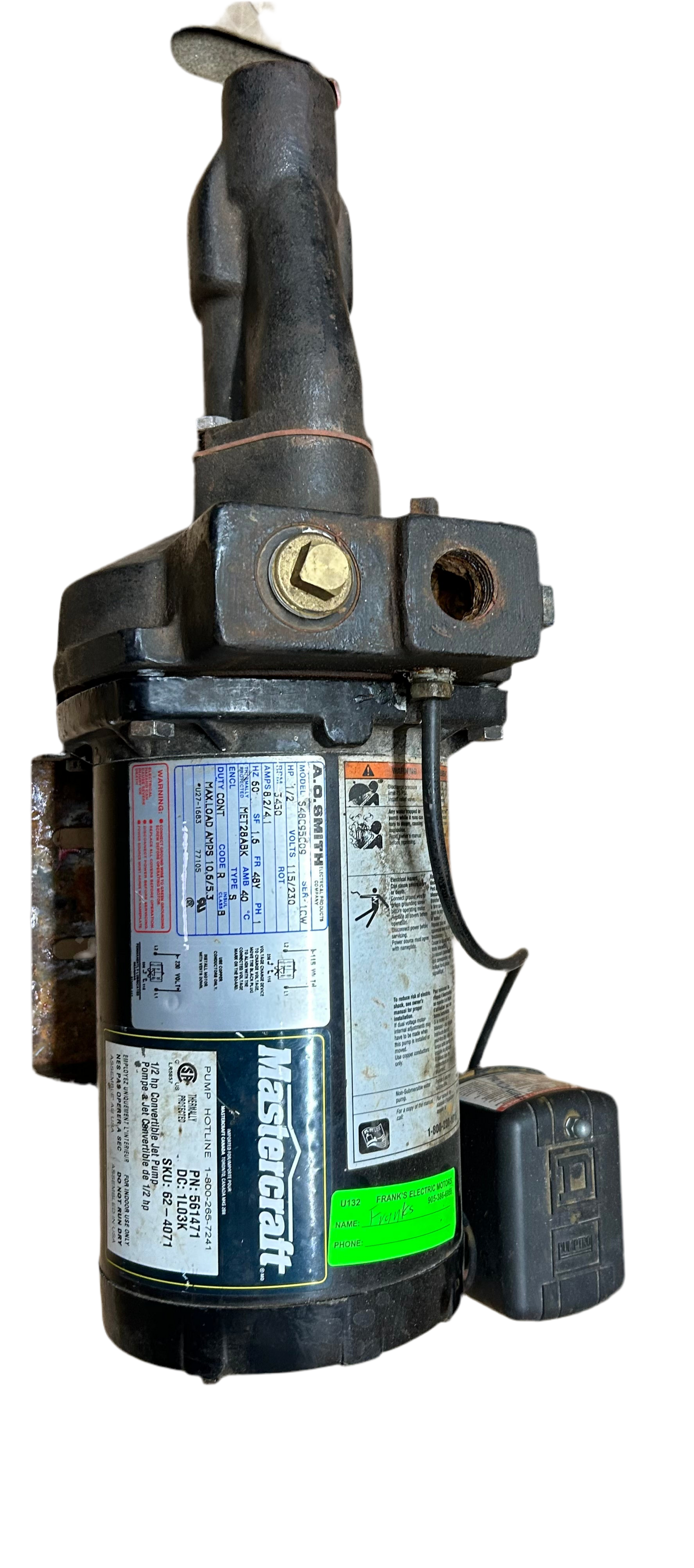 U132 - 1/2 HP 3430RPM 115/230V A.O.Smith ODP Pump