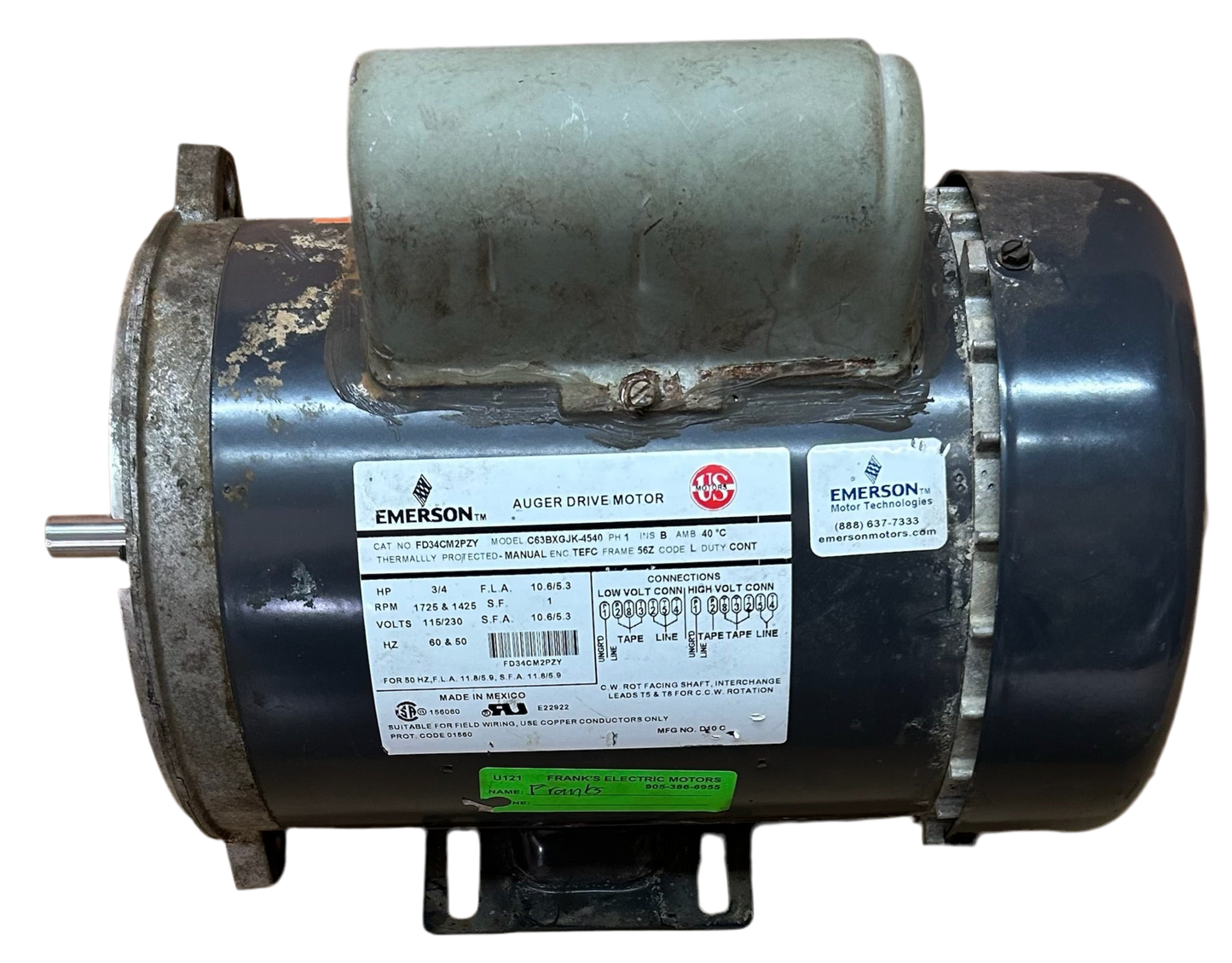 U121 - 3/4 HP 1725RPM 115/230V Emerson TEFC Auger
