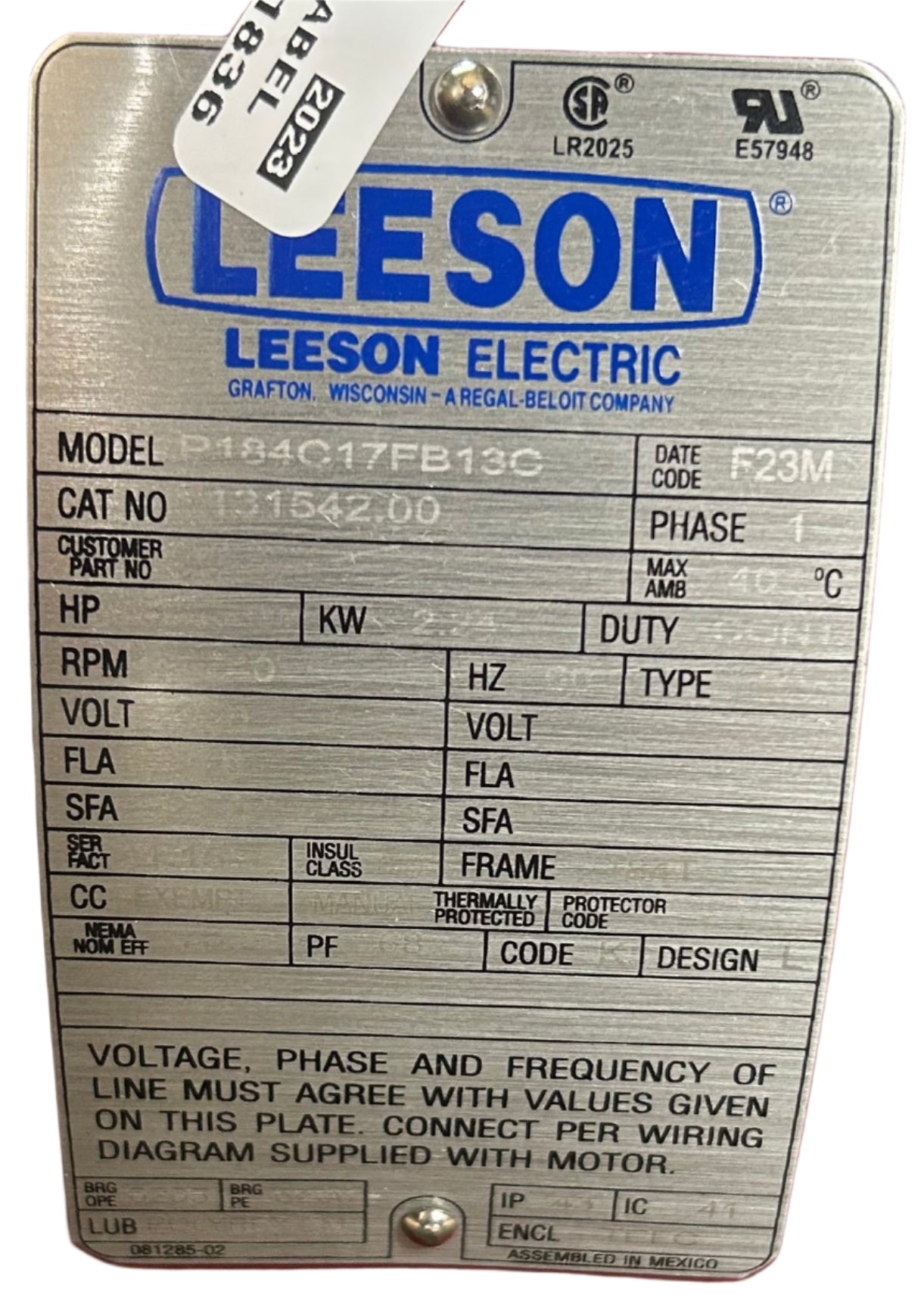 LE131542 - 3 HP 1740RPM 230V Leeson TEFC