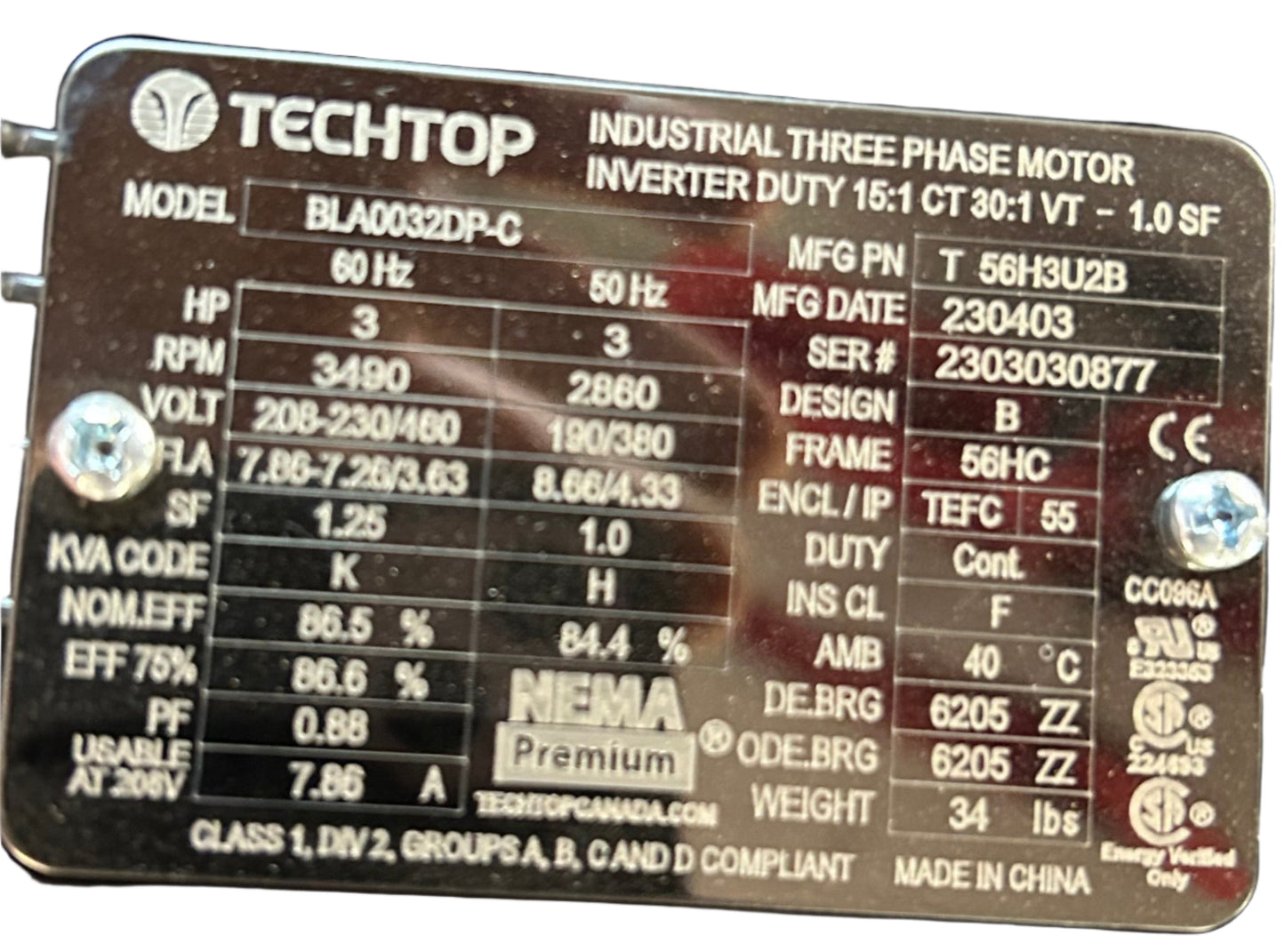 U275 - 3 HP 3490RPM 208-230/460V TechTop TEFC