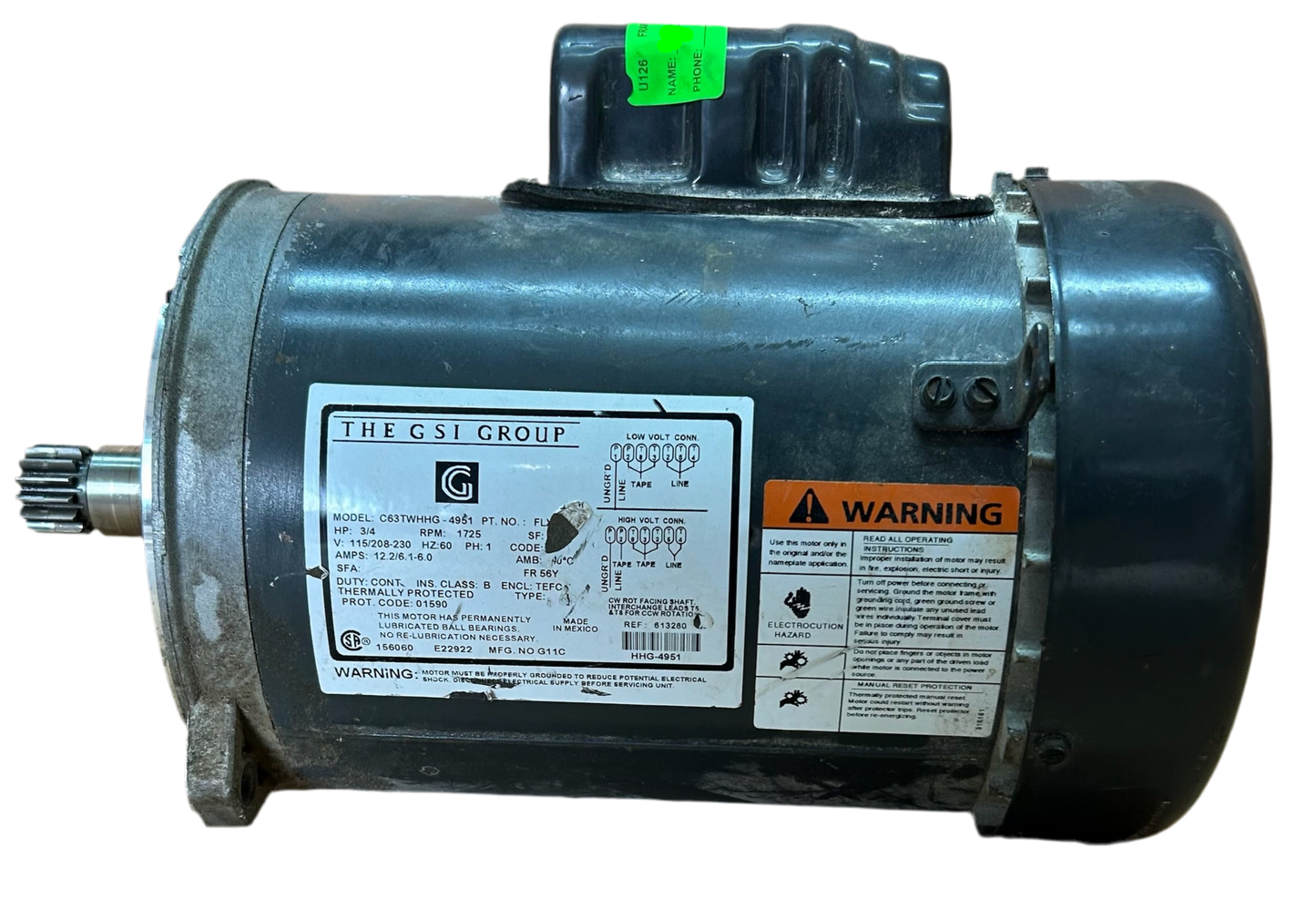U126 - 3/4 HP 1725RPM 115/208-230V GSI TEFC Auger