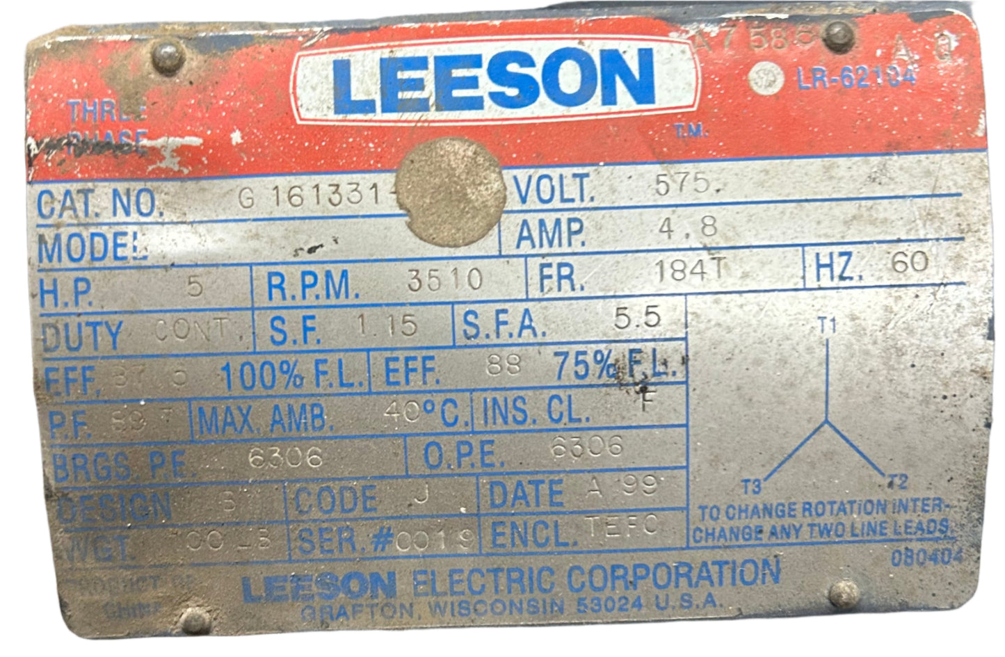 U145 - 5 HP 3510RPM 575V Leeson TEFC Motor