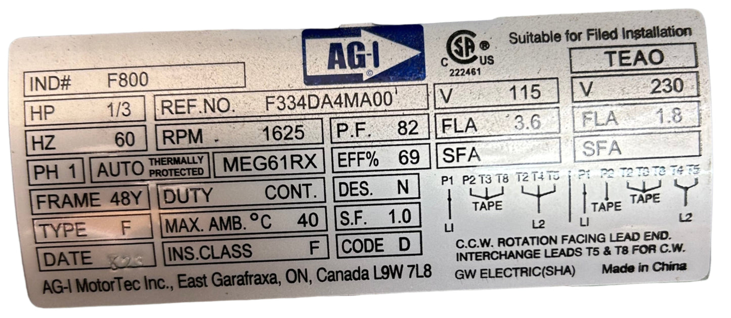 F800 - 1/3 HP 1725RPM 115/230V AG-I TEAO