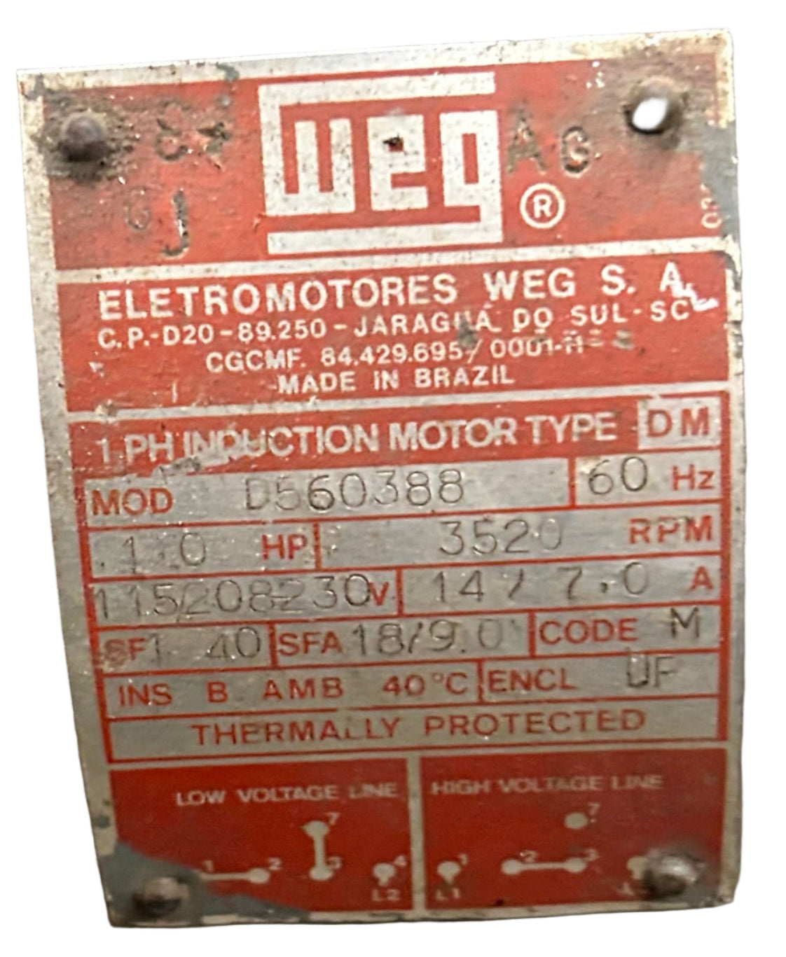 U216 - 1 HP 3520RPM 115/208-230V WEG DP Motor