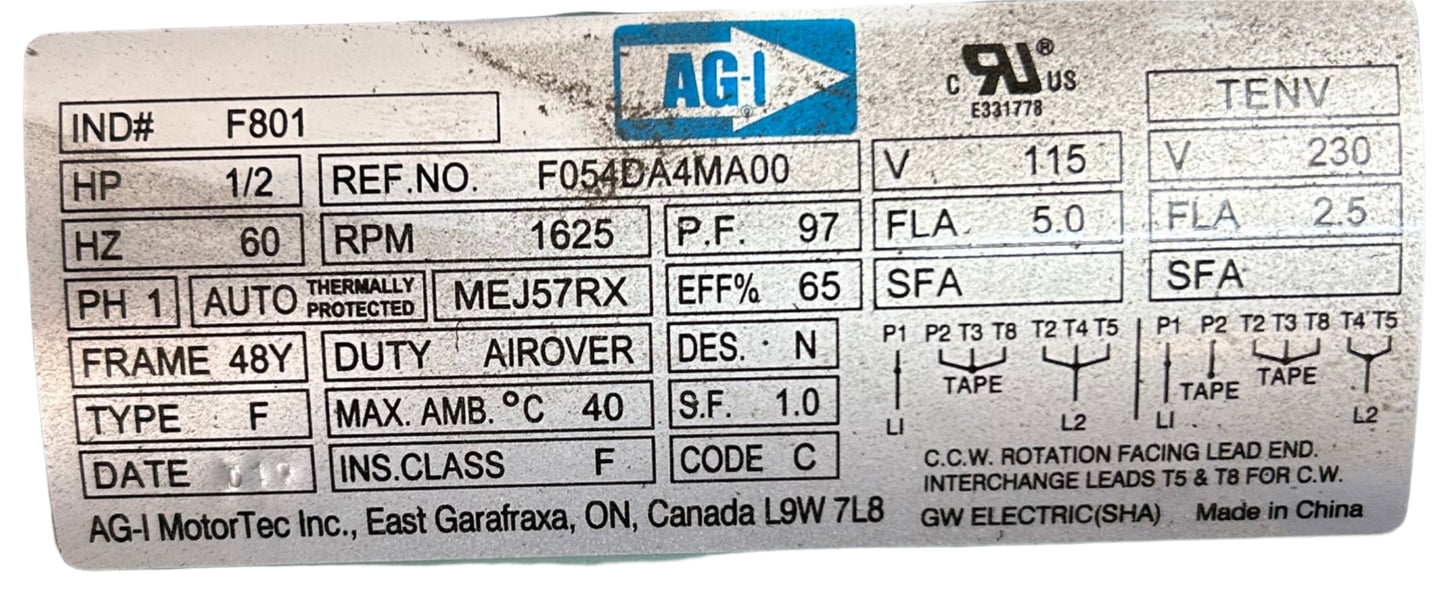 U13 - 1/2 HP 1625RPM 115/230V AG-I TENV