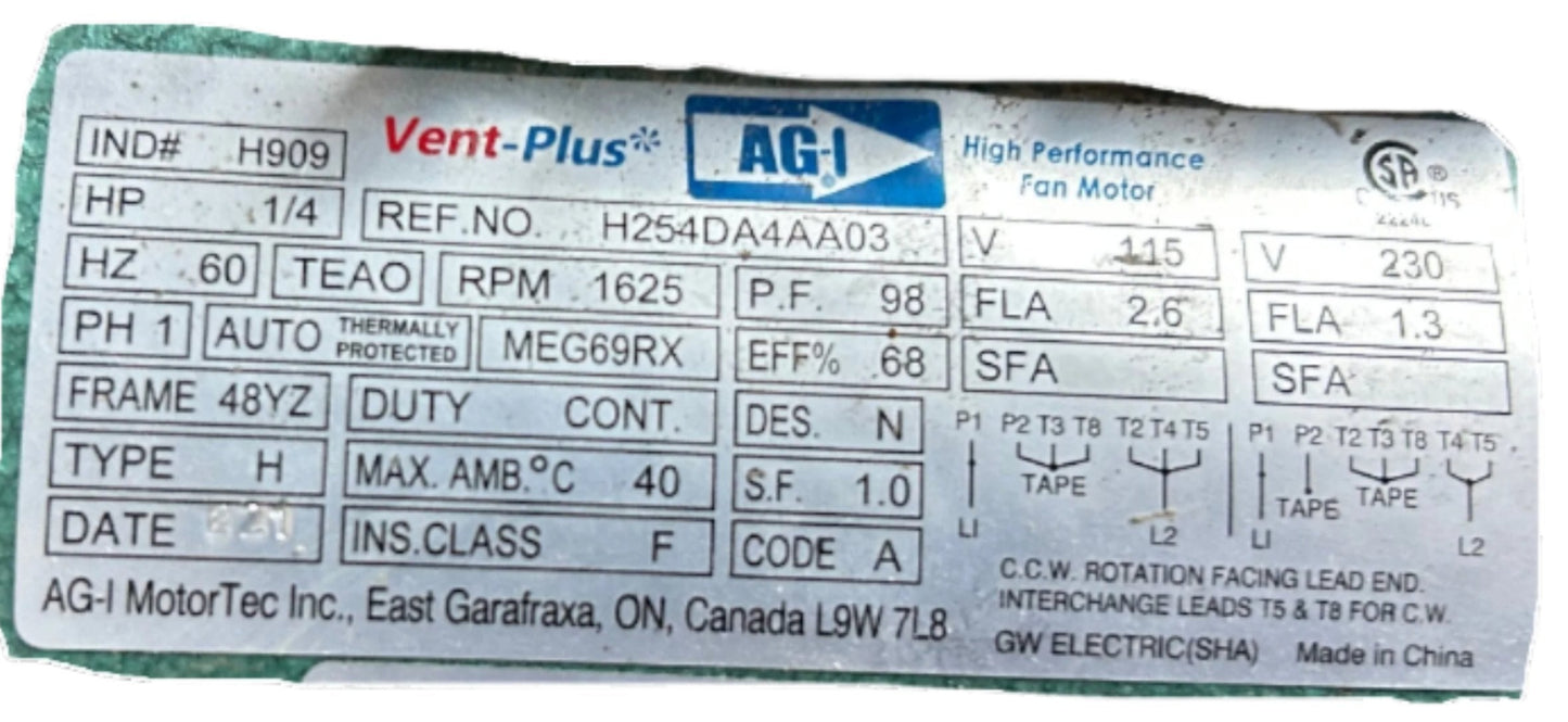 U235 - 1/4 HP 1625RPM 115/230V AG-I TEAO
