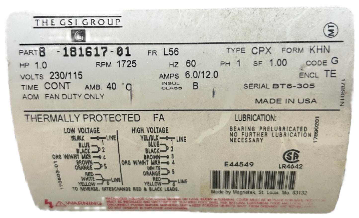 U47 - 1HP 1725RPM 115/230V GSI TEAO