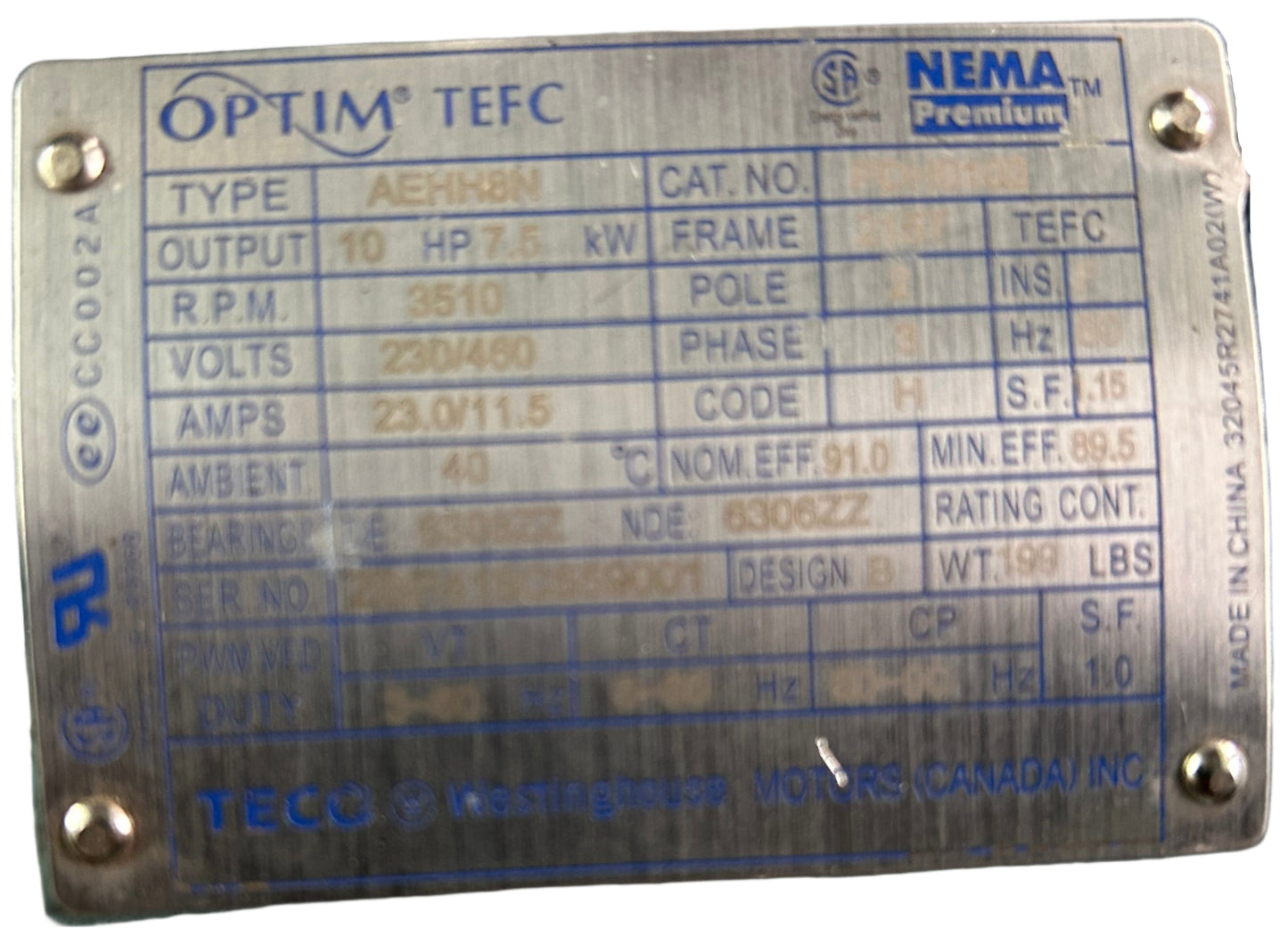 U154 - 10 HP 3510RPM 230/460V Optim TEFC