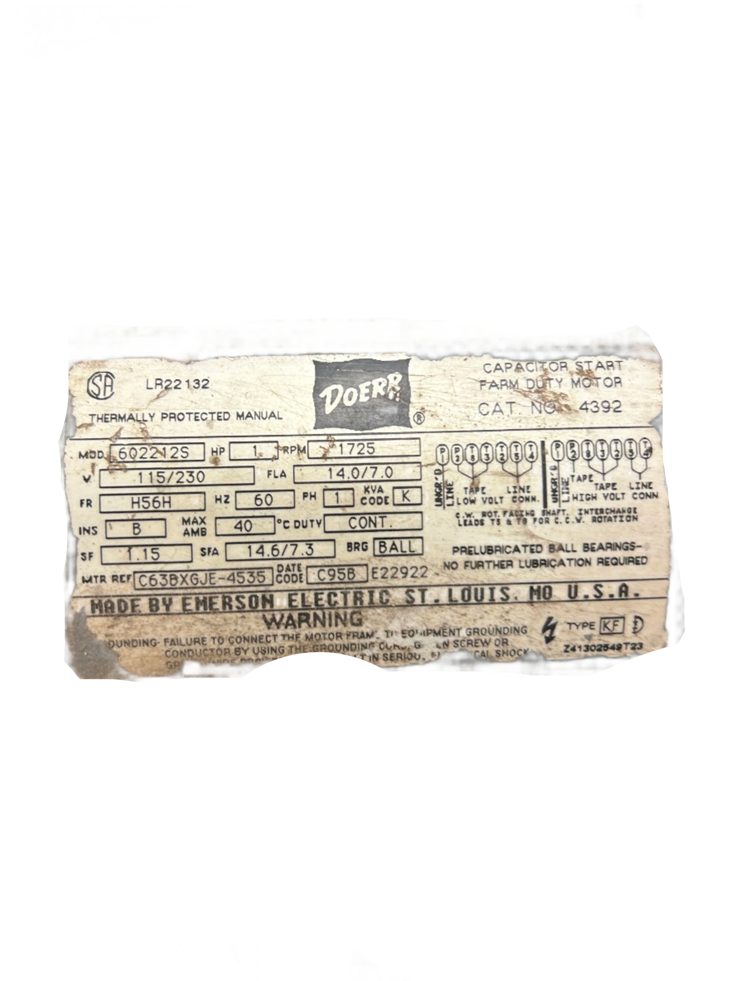 U__ - 1 HP 1725RPM 115/230V Doerr TEFC