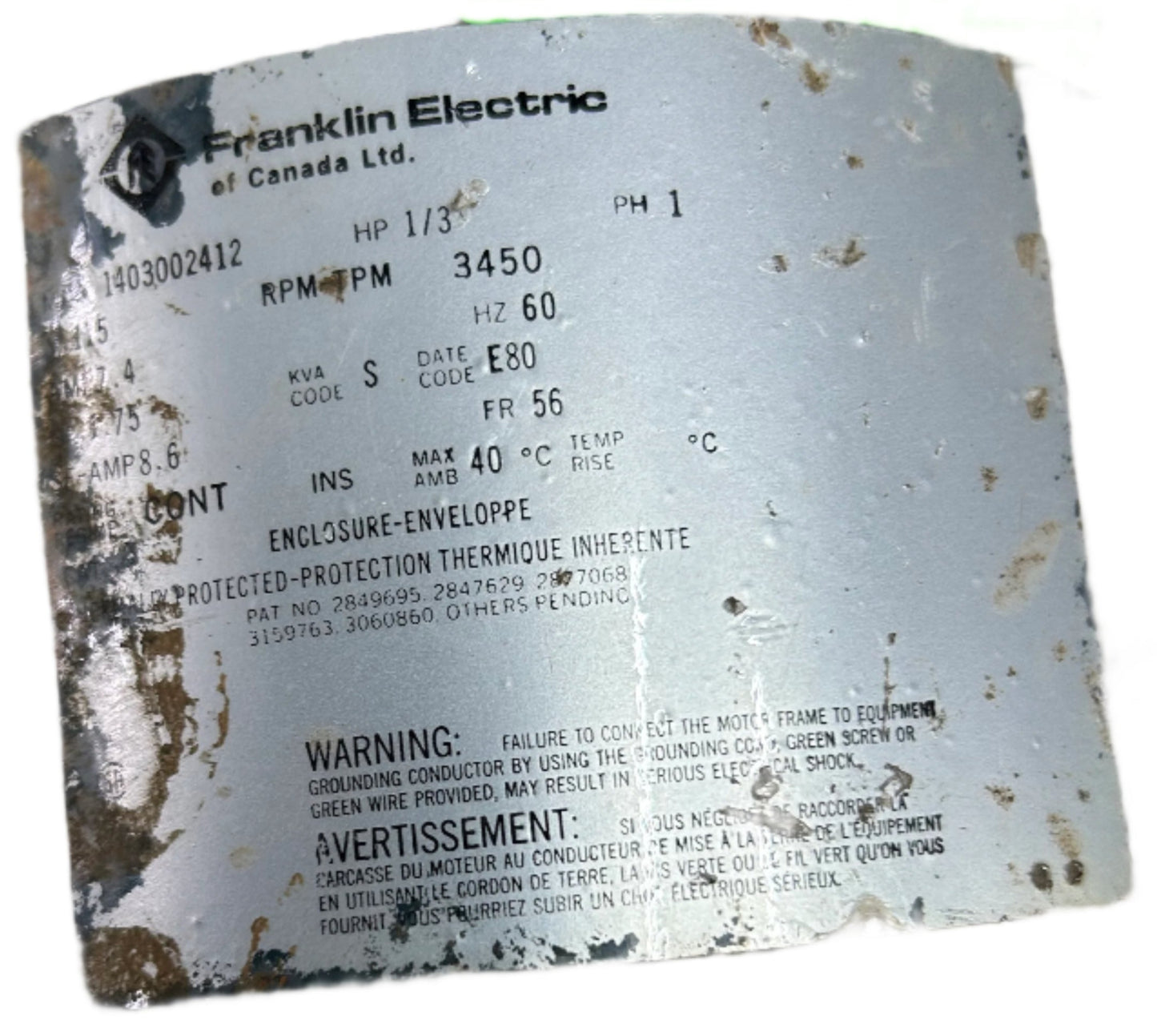 U12 - 1/3HP 115V 3450RPM Franklin ODP