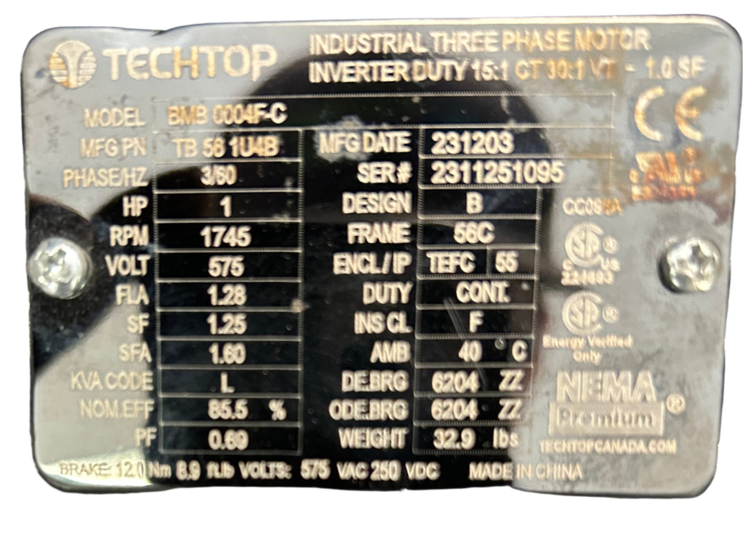 U281 - 1 HP 1745RPM 575V TechTop TEAO