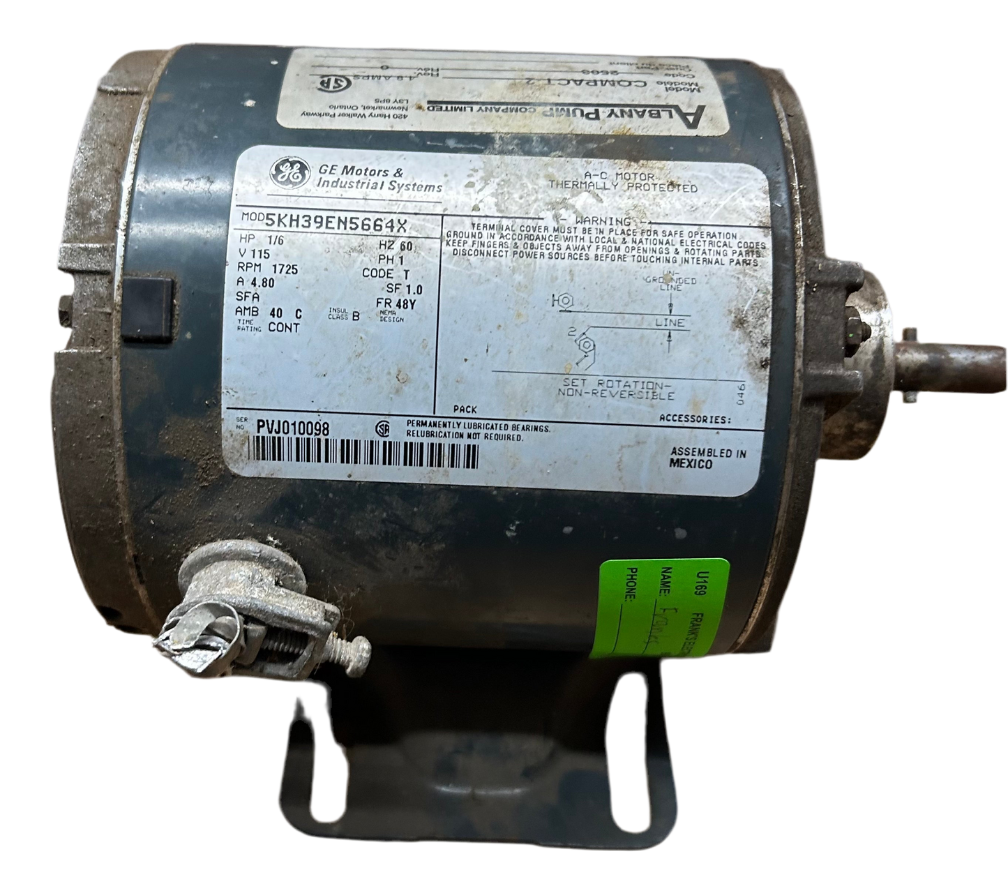 U169 - 1/6 HP 1725RPM 115V GE Furnace