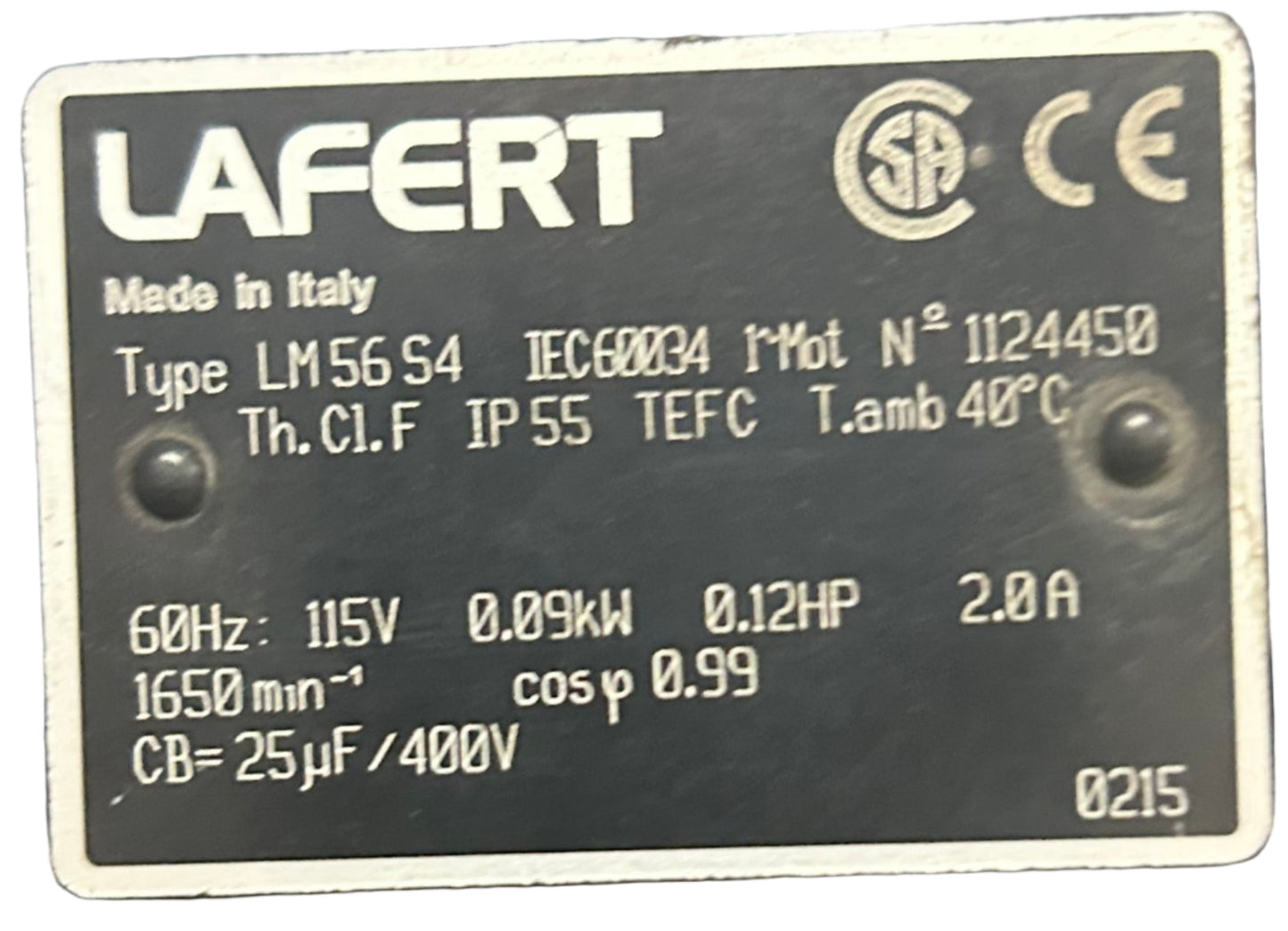 U267 - 0.12 HP 1650RPM 115V Lafert TEFC