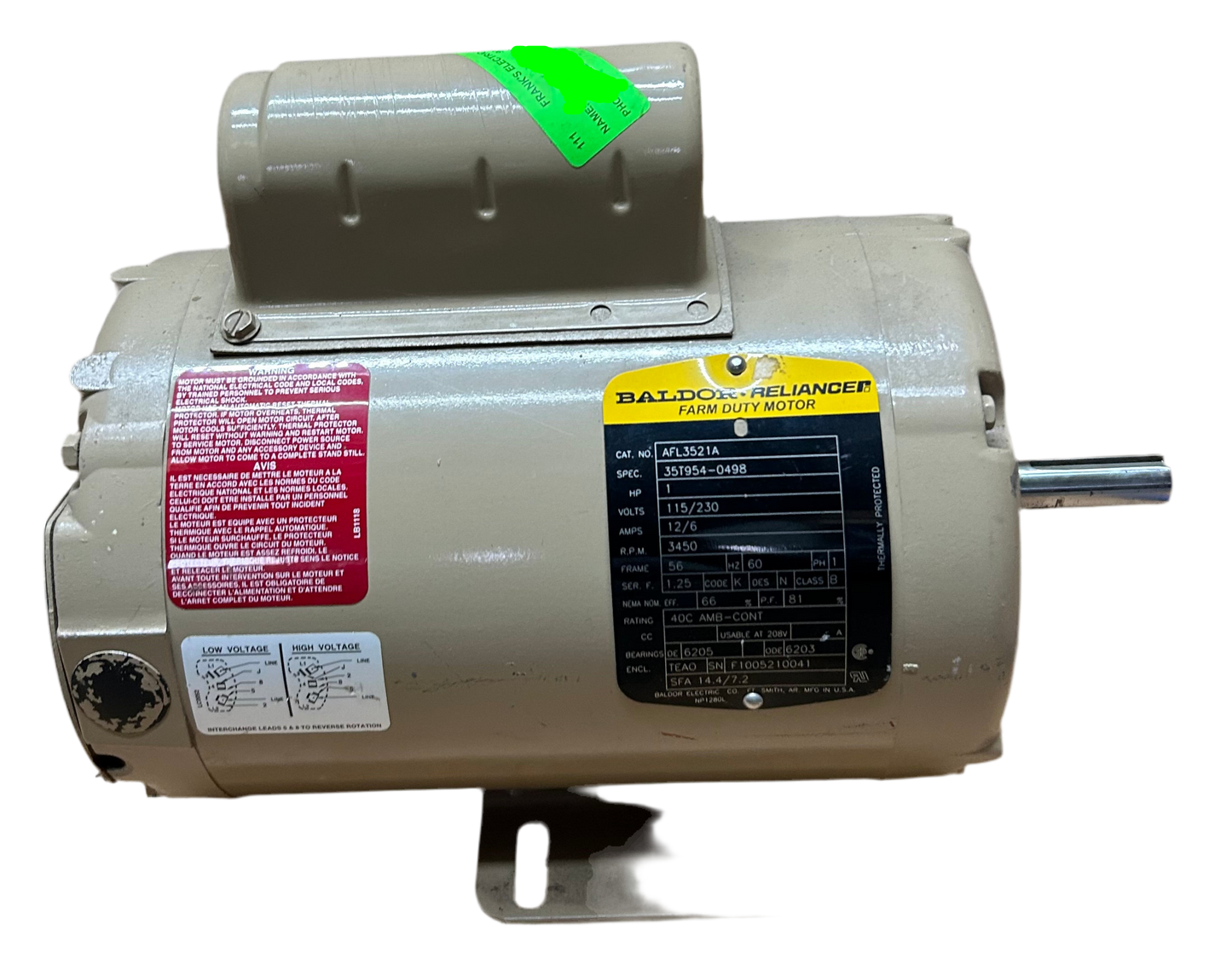U111 - 1 HP 3450RPM 115/230V Baldor TEAO