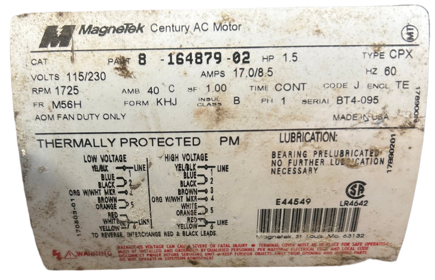 U283 - 1-1/2 HP 1725RPM 115/230V MagneTek TE