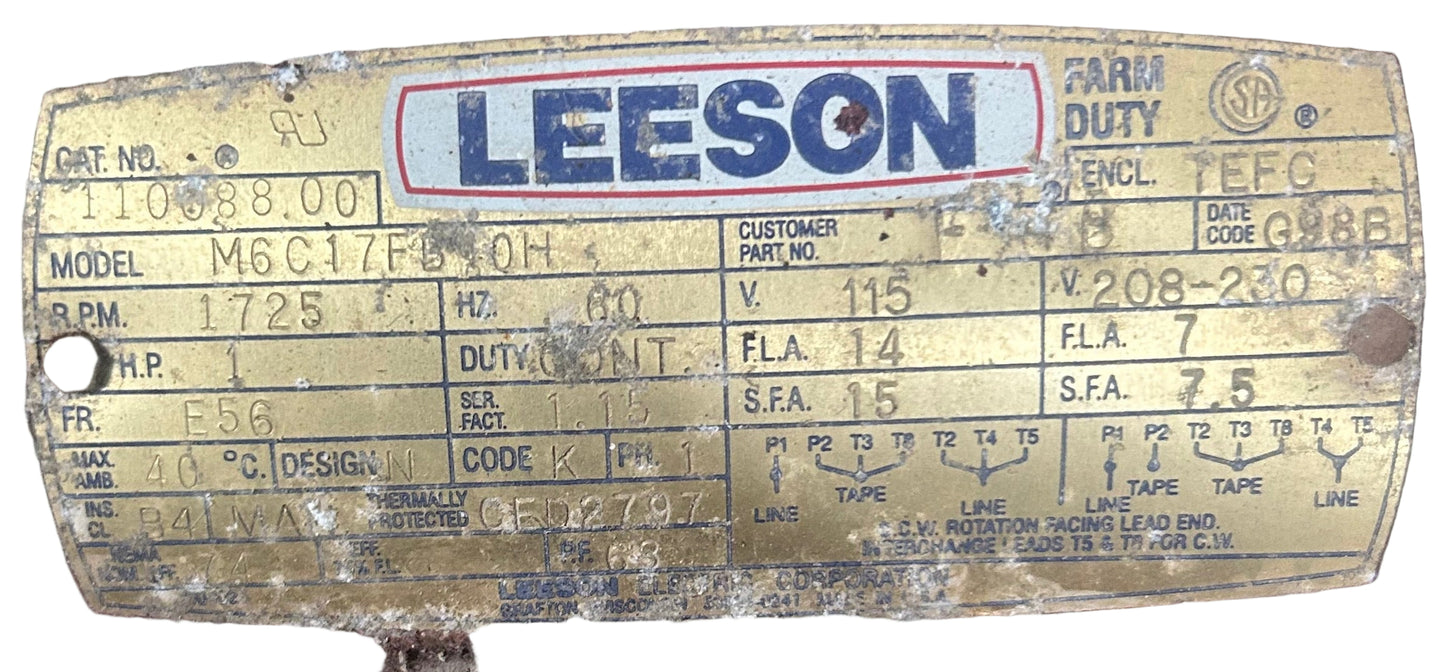 U323 - 1 HP 1725RPM 115/208-230V Leeson TEFC