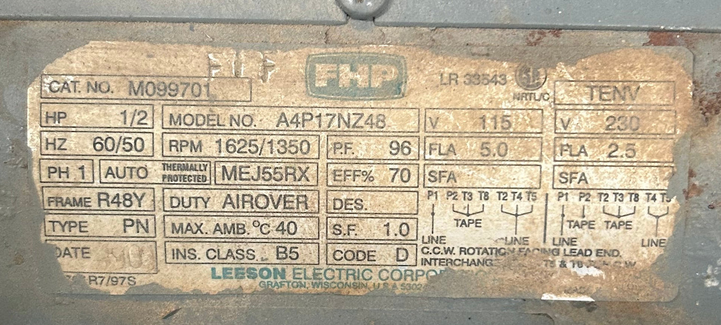 U322 - 1/2 HP 1625RPM 115/230V Leeson TEAO