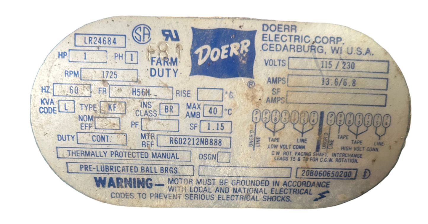 U325 - 1 HP 1725RPM 115/230V Doerr TEFC