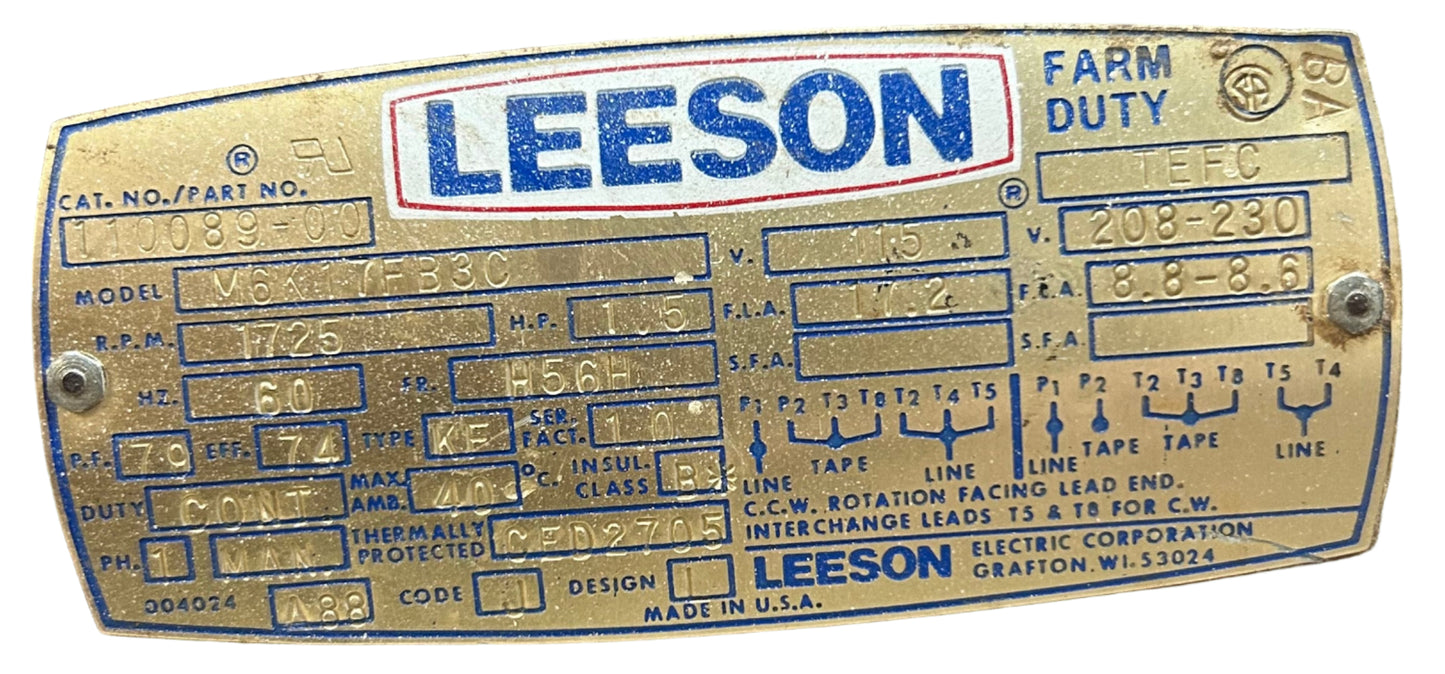 U343 - 1-1/2 HP 1725RPM 115/208-230V Leeson TEFC