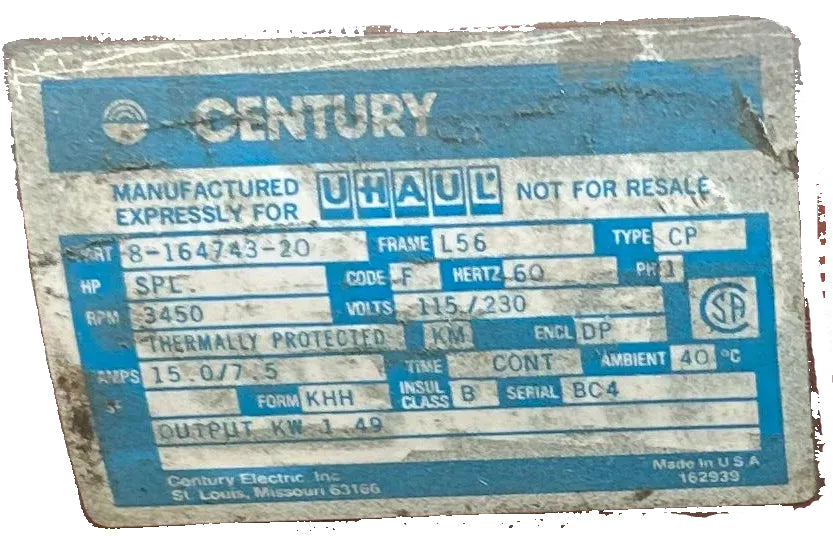 U341 - 3450RPM 115/230V Century Motor