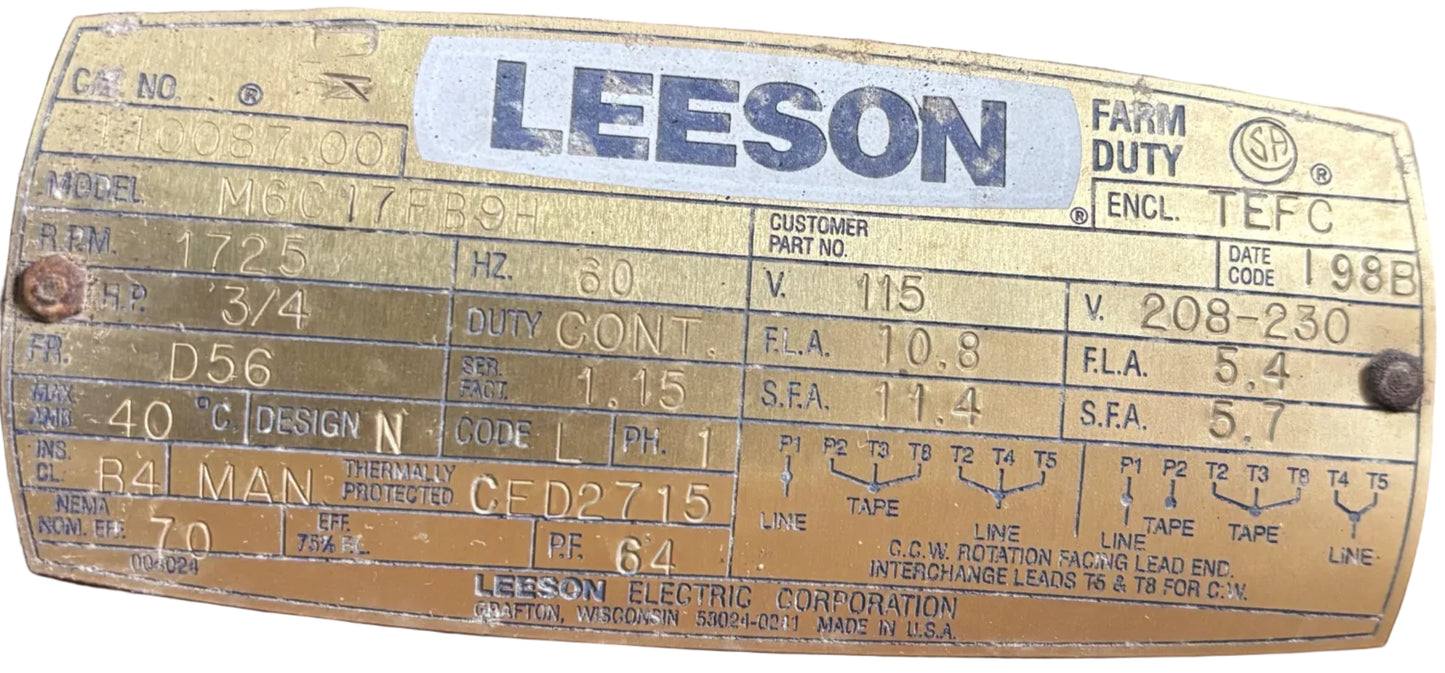 U370 - LEESON 3/4HP 115/208-230V 10.8/5.4AMPS