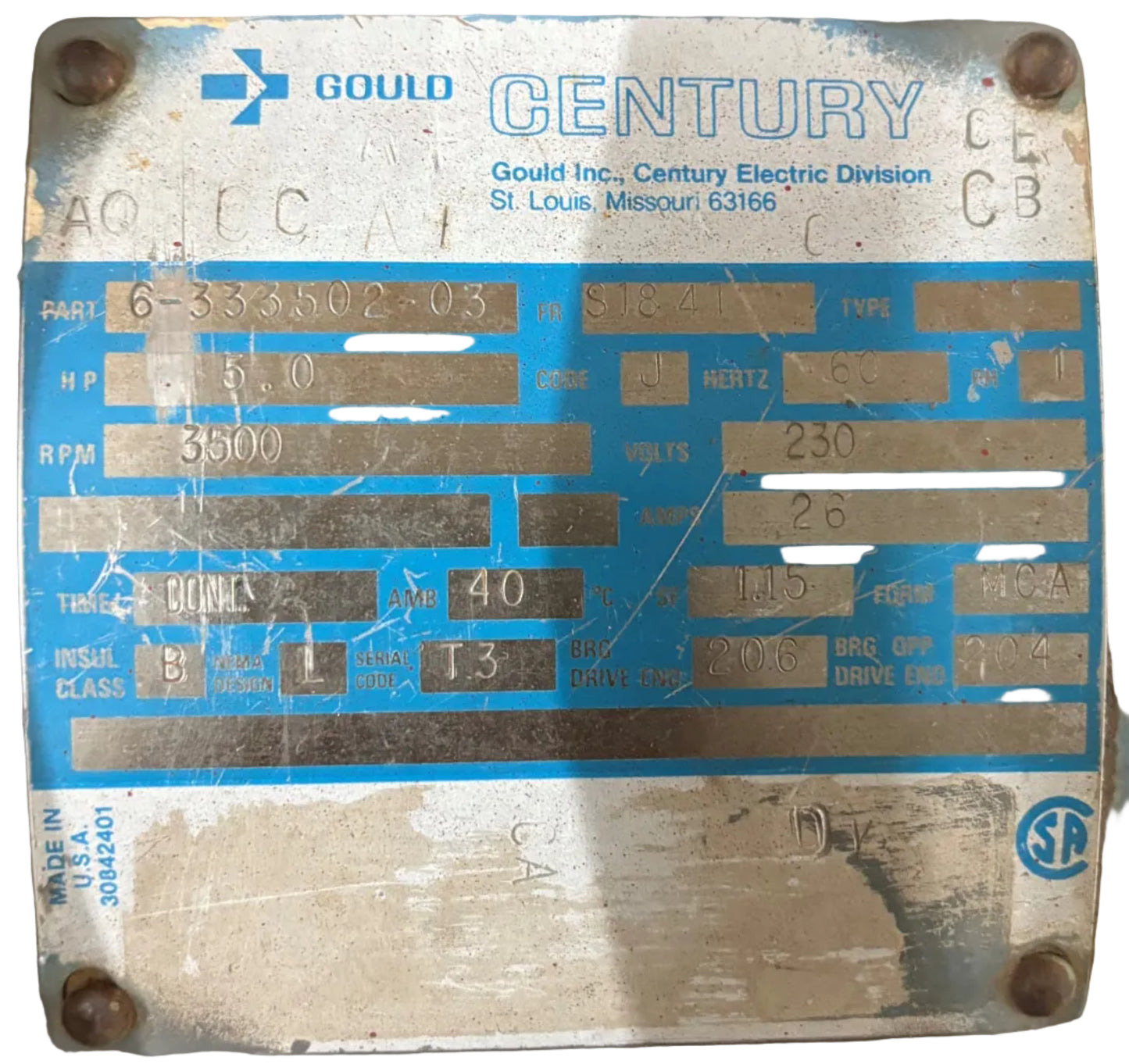 U380 - CENTURY 5HP 230V 26AMPS