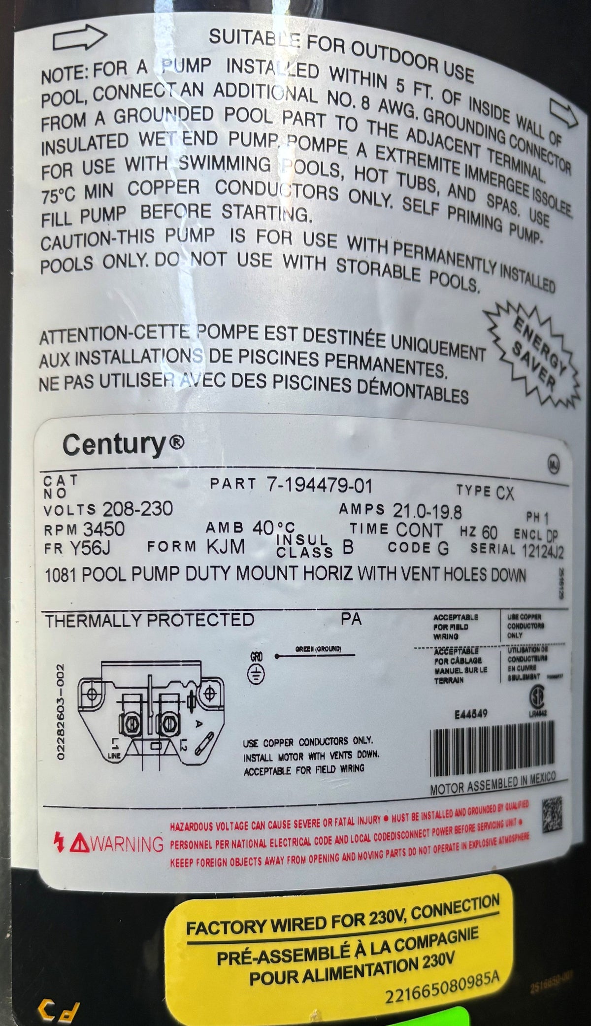 U449 - 208-230V 21.0-19.8AMPS CENTURY POOL PUMP