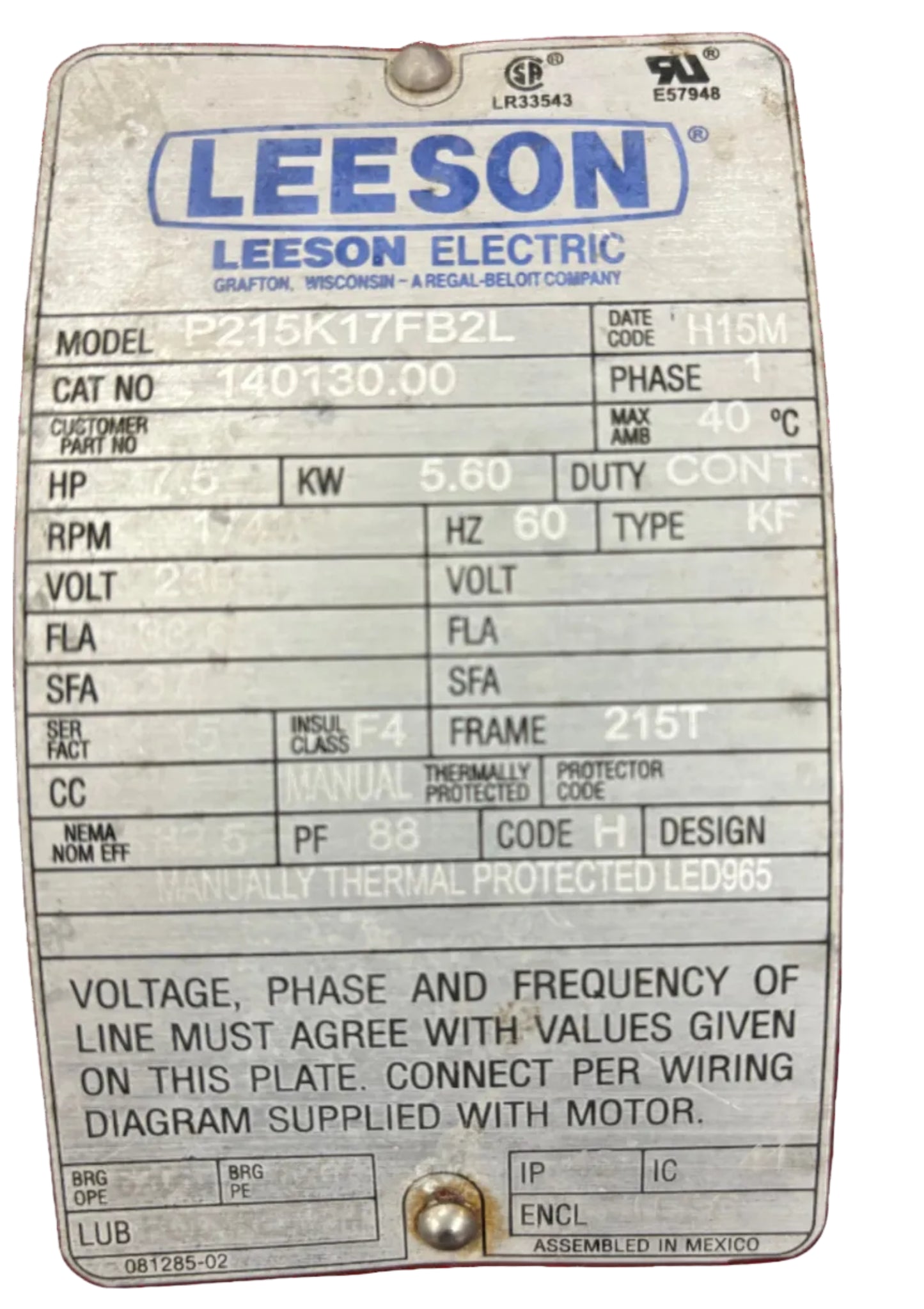 U241 - 7 1/2 HP 1740RPM 230V Leeson TEFC