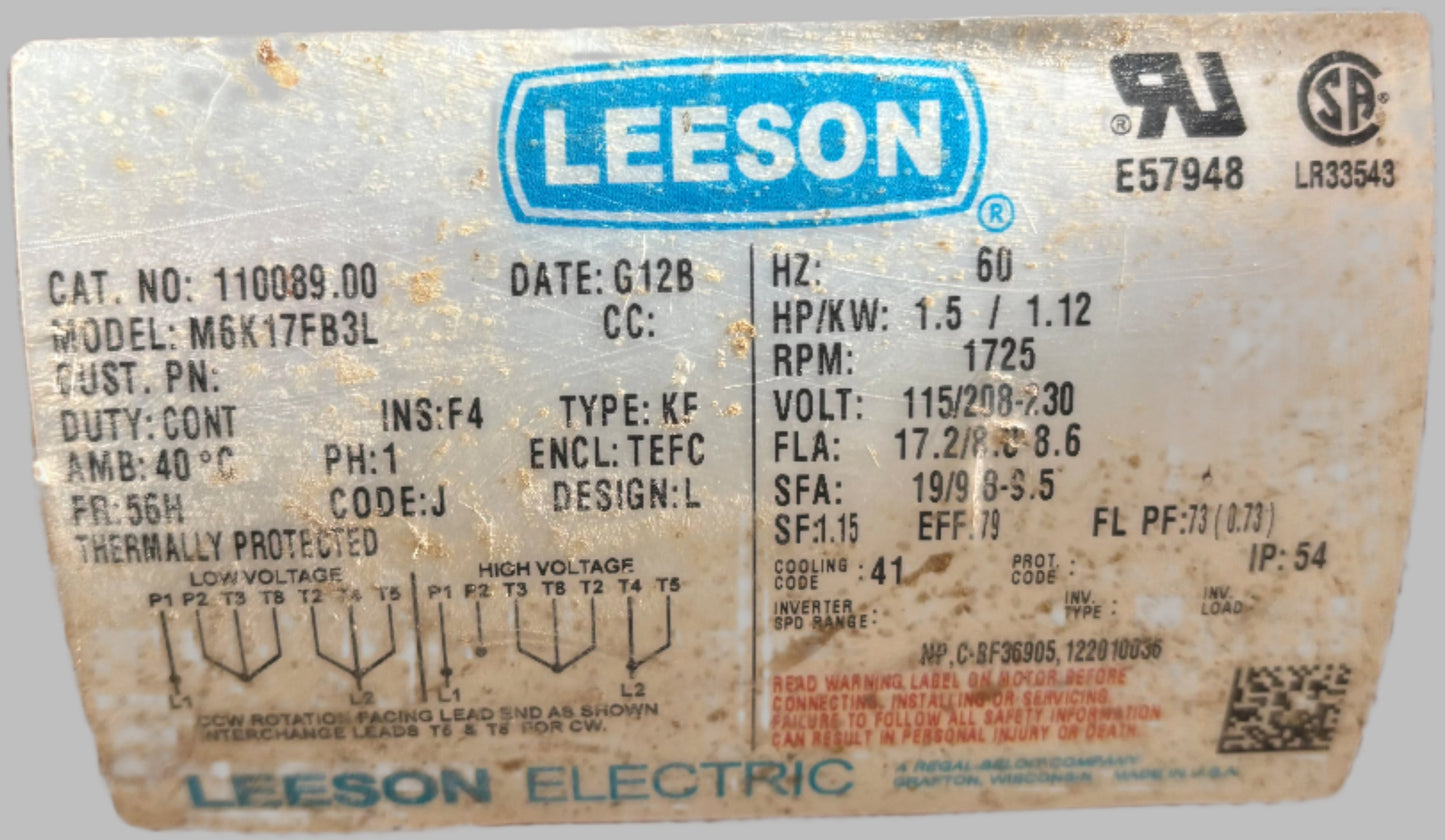 U243 - 1-1/2 HP 1725 RPM 115/208-230V Leeson TEFC