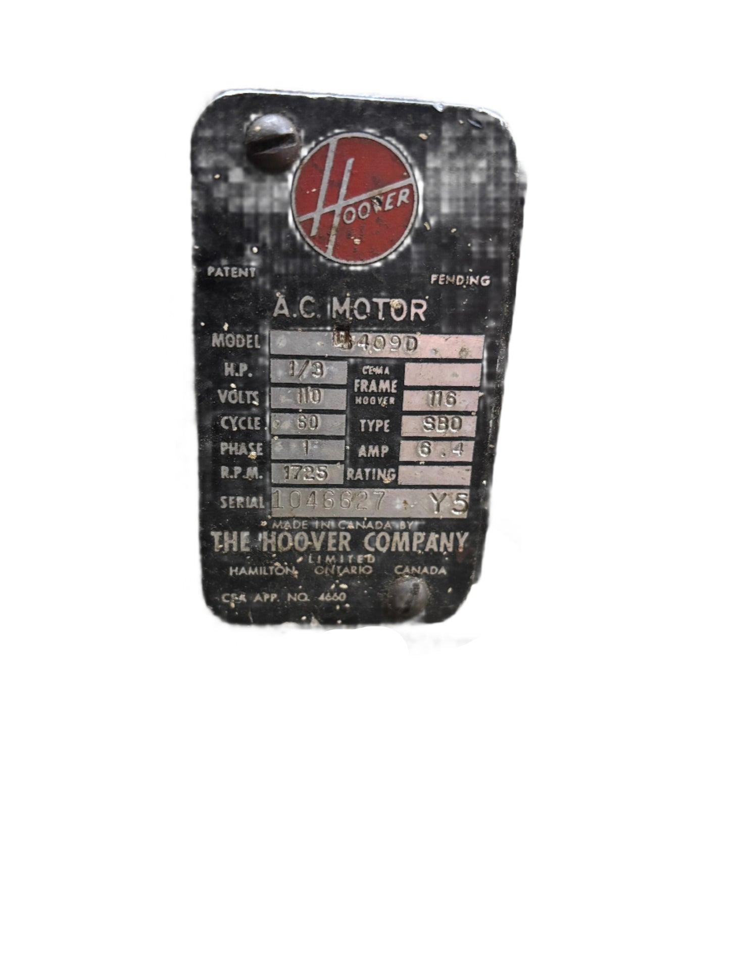 U177 - 1/3 HP 1725RPM 115V Hooner TEAO