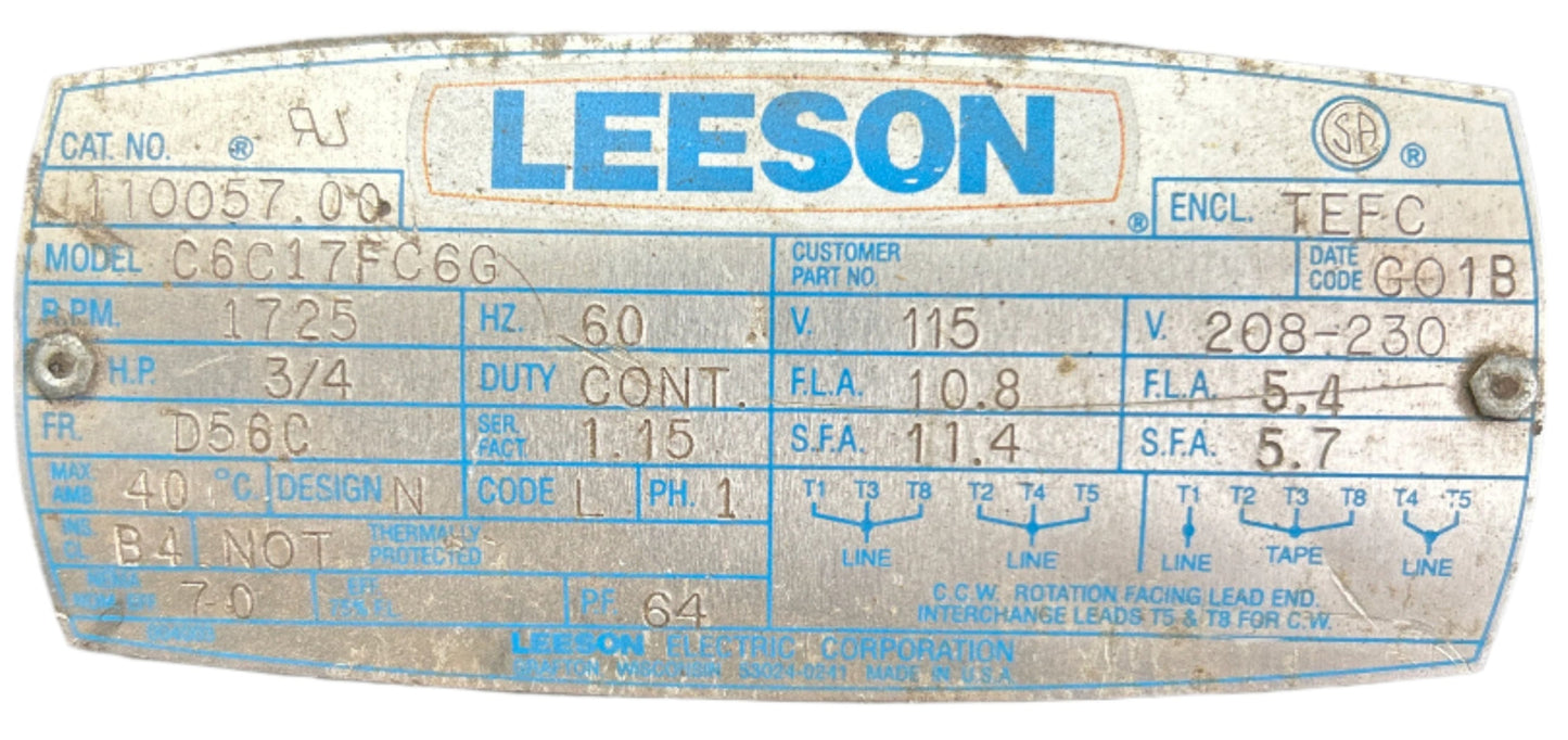 U242 - 3/4HP 1725RPM 115/208-230V Leeson TEFC