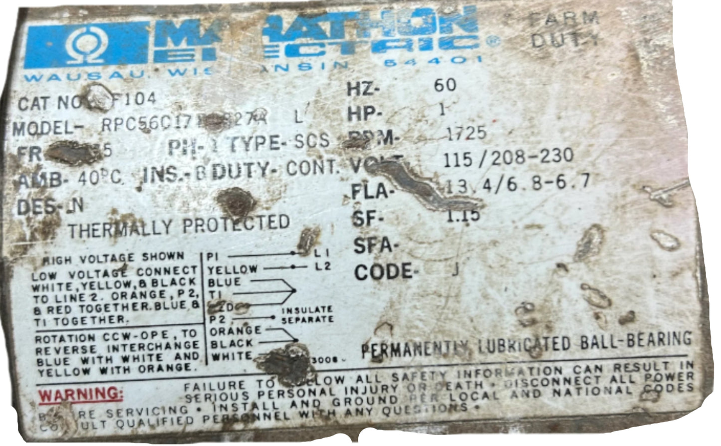 U58 - 1 HP 1725RPM 115/208-230V Marathon TEFC