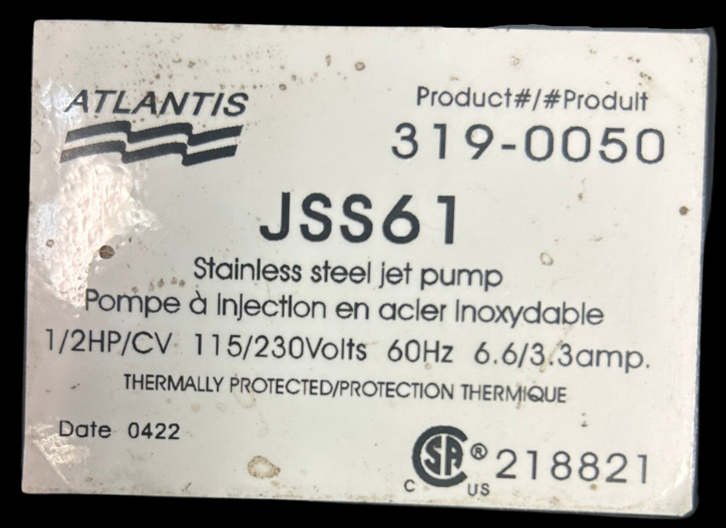U___ - 1/42HP ____RPM 115/230V Atlantis  Pump