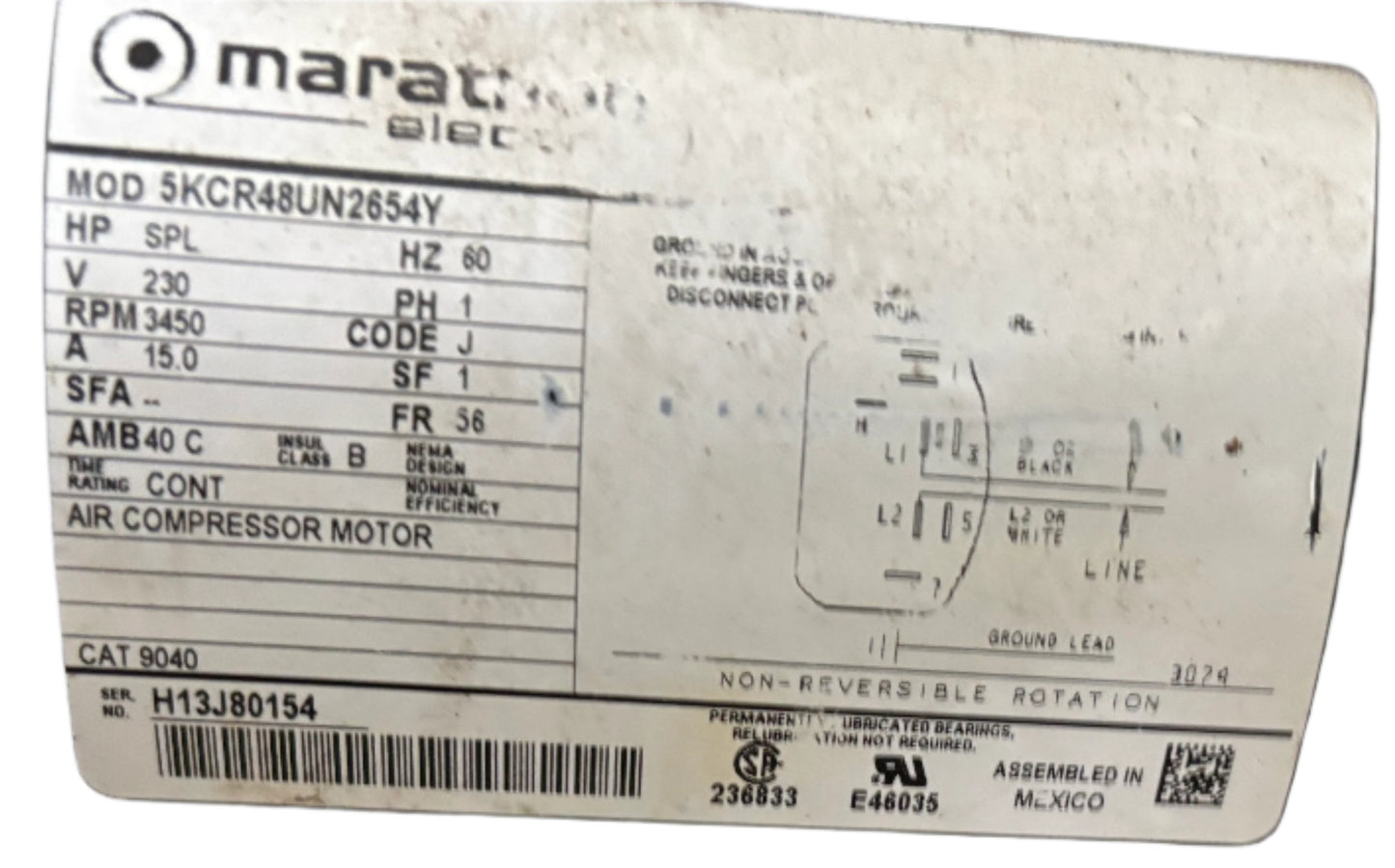 U39 - 1/2 HP 3450RPM 230V Marathon