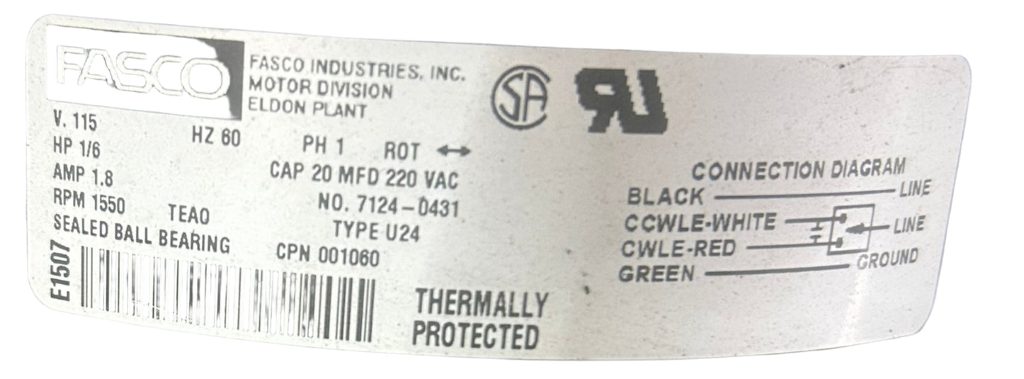 U178 - 1/6 HP 1550RPM 115V Fasco AO Fan
