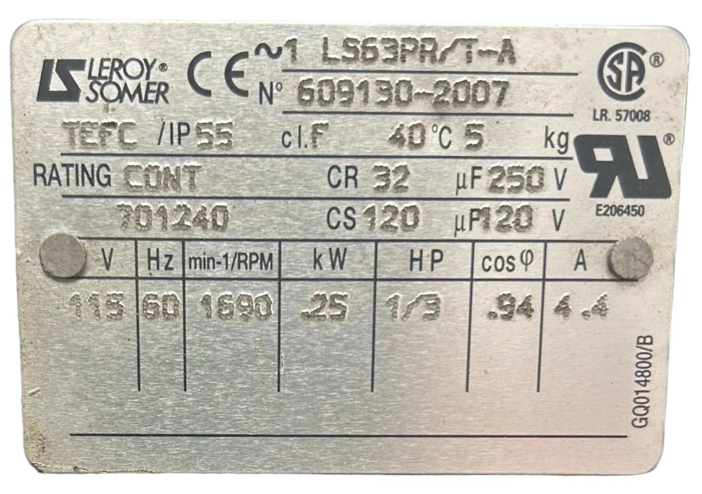 U265 - 1/3 HP 1690RPM 115V Leroy Somer TEFC