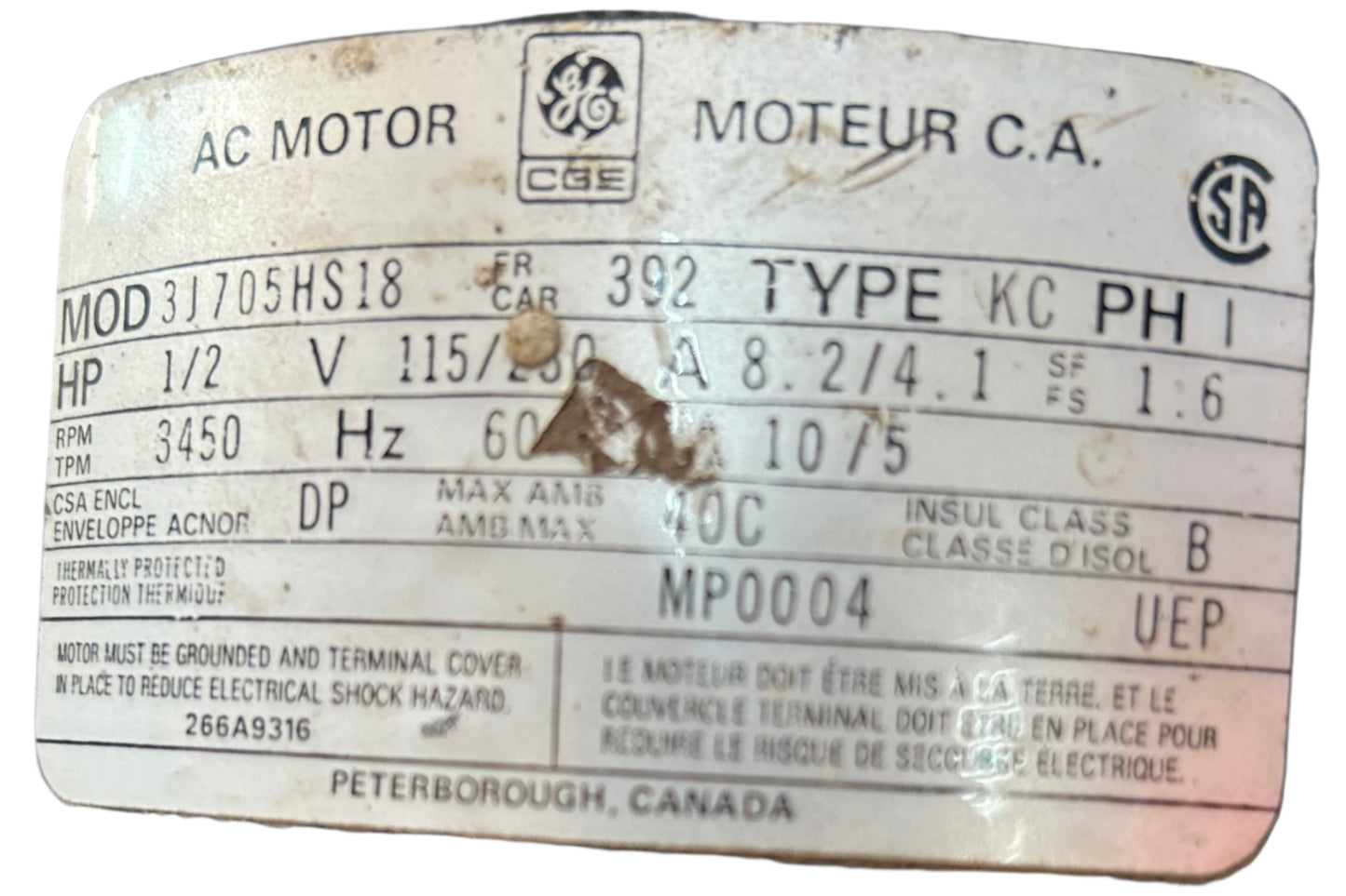 U___ - 1/2 HP 3450RPM 115/230V Moteur C.A DP