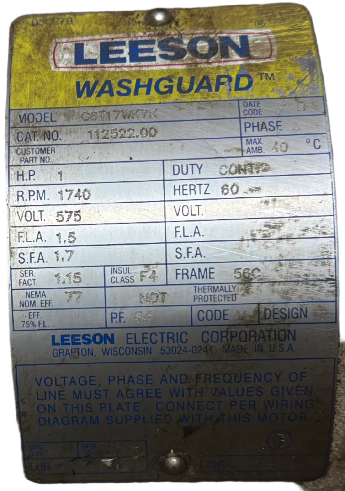 U135 - 1 HP 1740RPM 575V Leeson TEFC