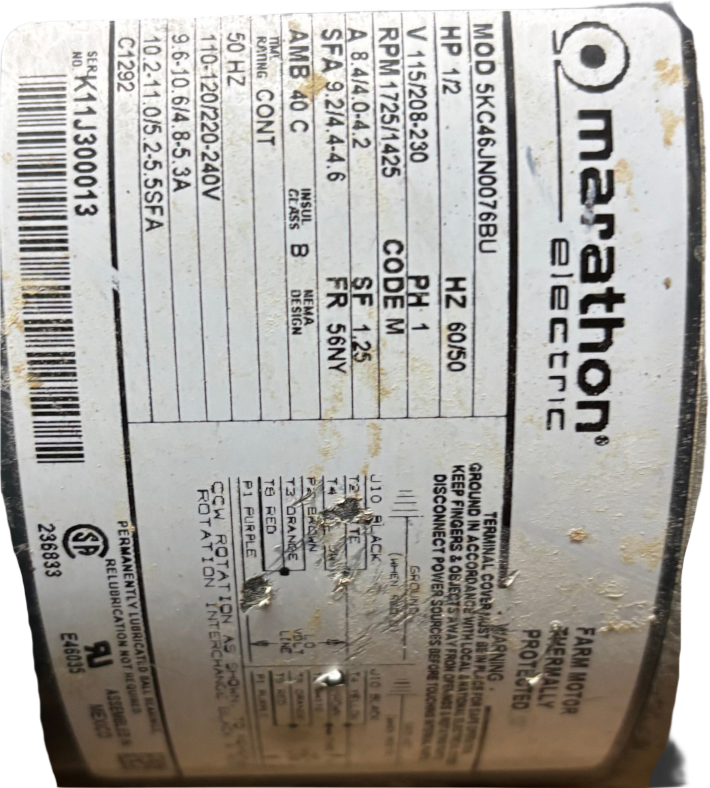 U139 - 1/2 HP 1725RPM 115/208-230V Marathon TEFC Auger
