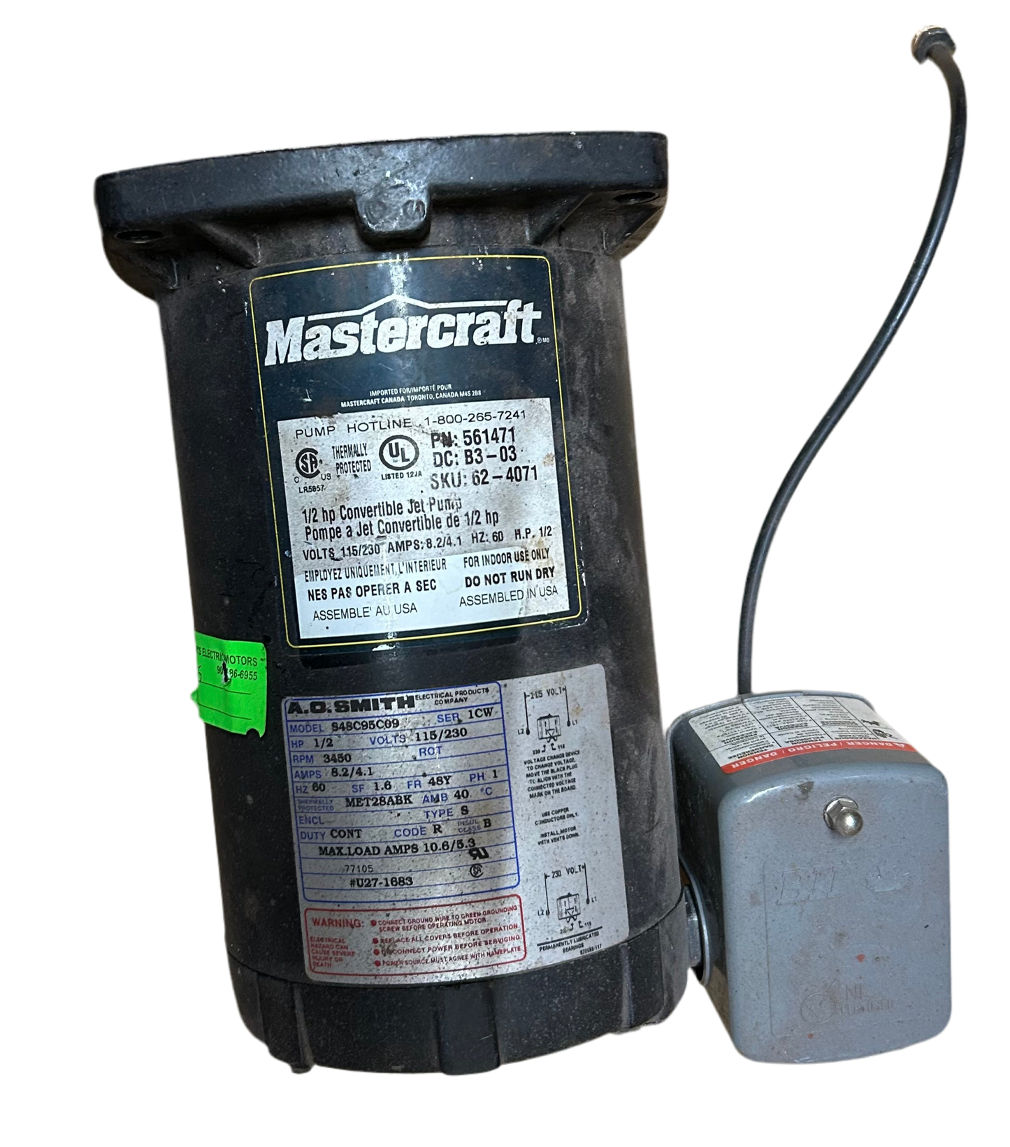 U85 - 1/2 HP 3450RPM 115/230V Mastercraft Pump Motor