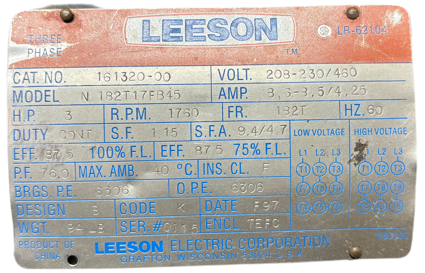 U90 - 3 HP 1760RPM 208-230/460V Leeson TEFC