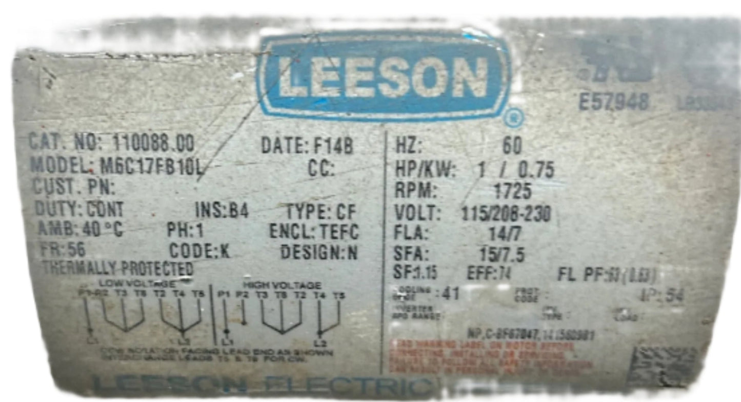 U118 - 1 HP 1725RPM 115/208-230V Leeson TEFC