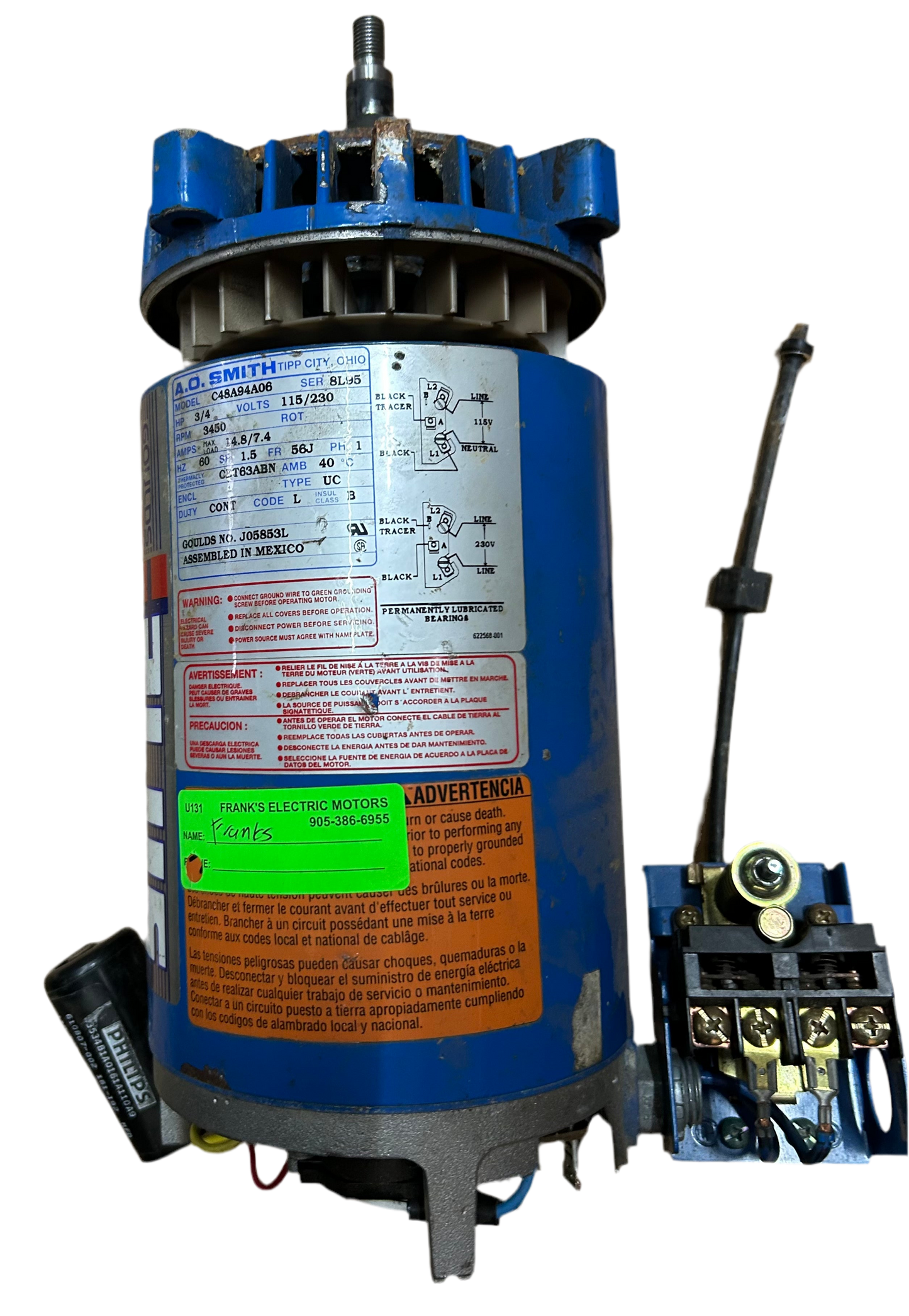 U131 - 3/4 HP 3450RPM 115/230V A.O. Smith ODP Pump Motor